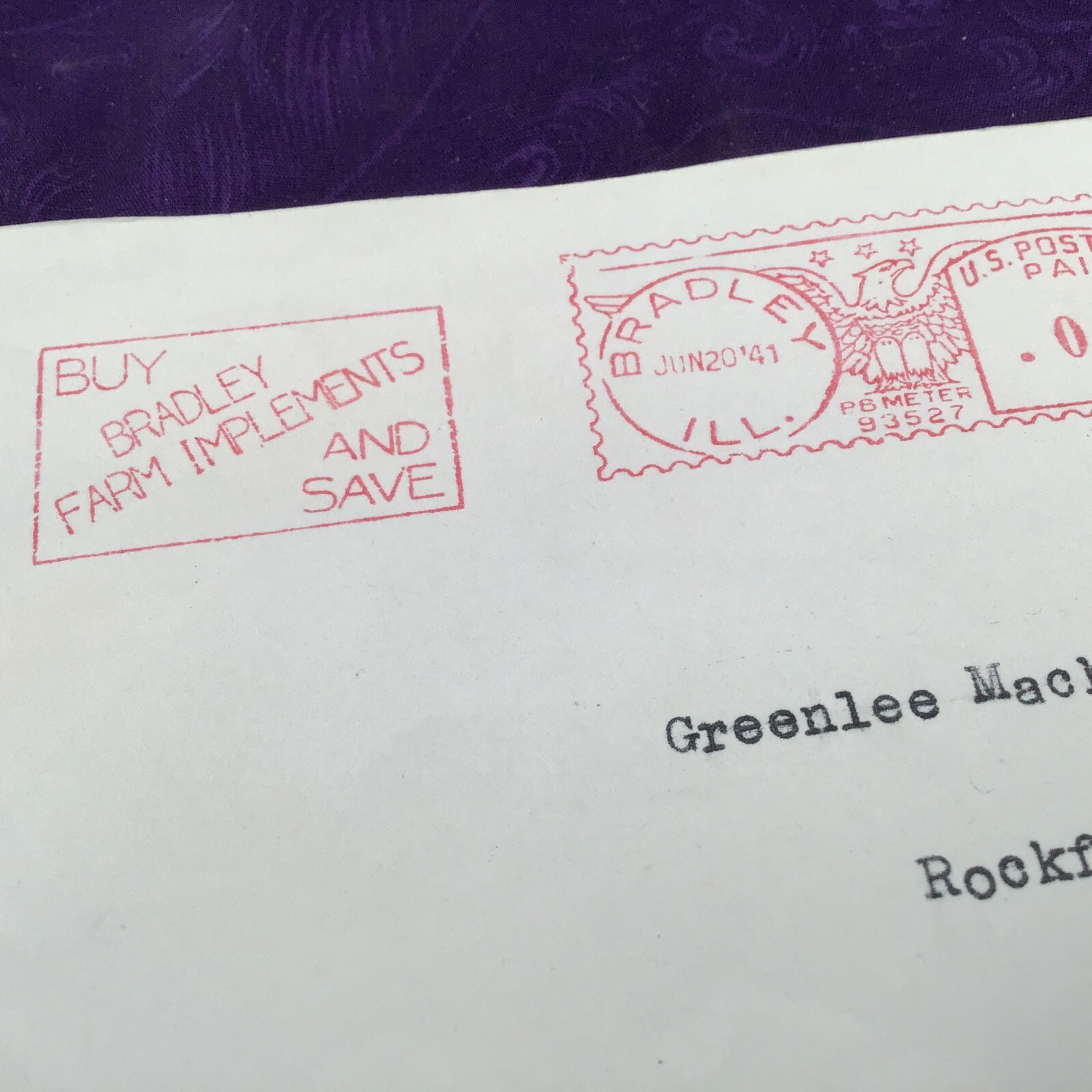 David Bradley MFG. Plows, Company Envelope, 1941 Bradley Il. Reliable Plows