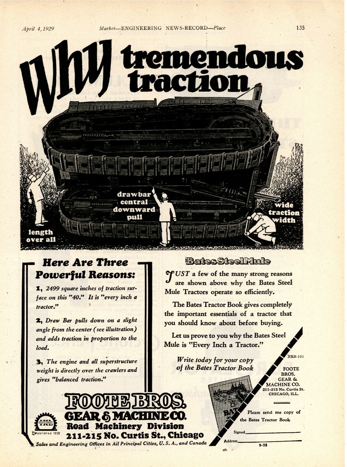 1929 Foote Brothers Gear & Machinery Co. Ad: Bates Steel Mule Crawler Tractor