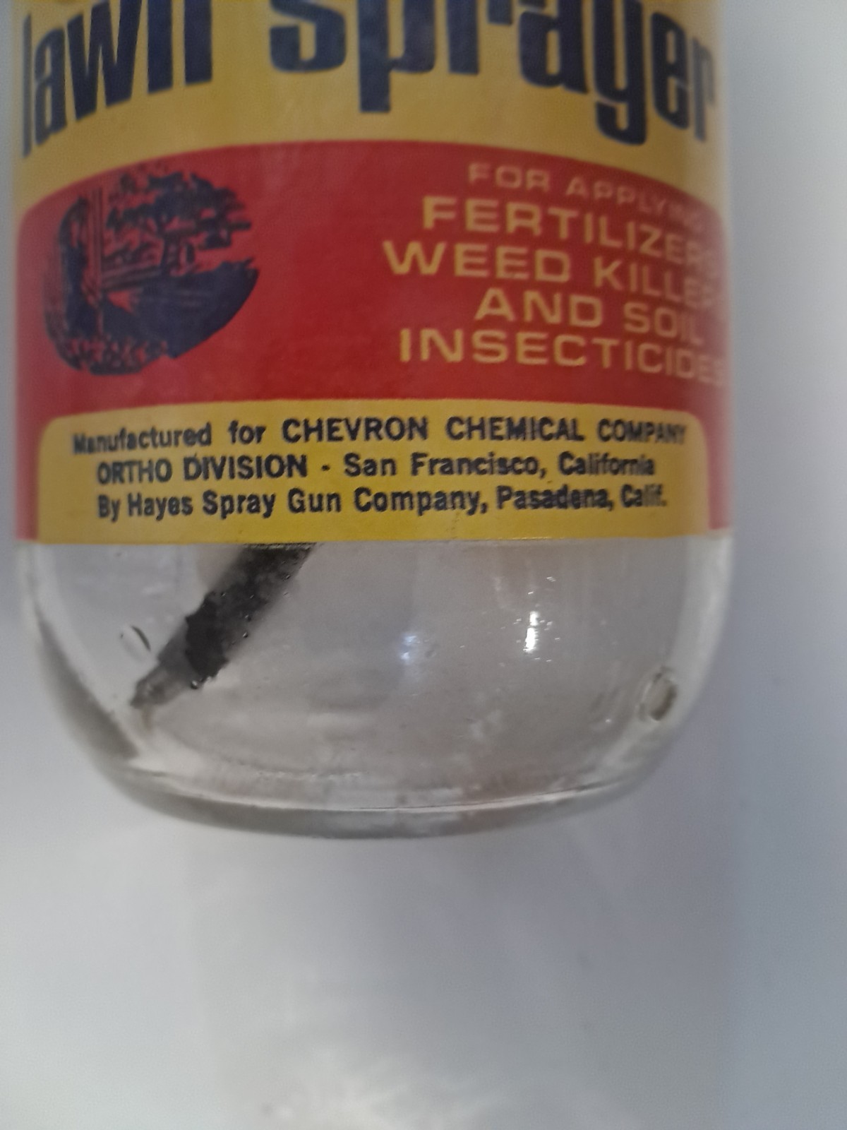 Vintage Ortho Lawn Sprayer Glass Jar Yellow Metal Lid 8&Prime; w/ Instructions ON IT
