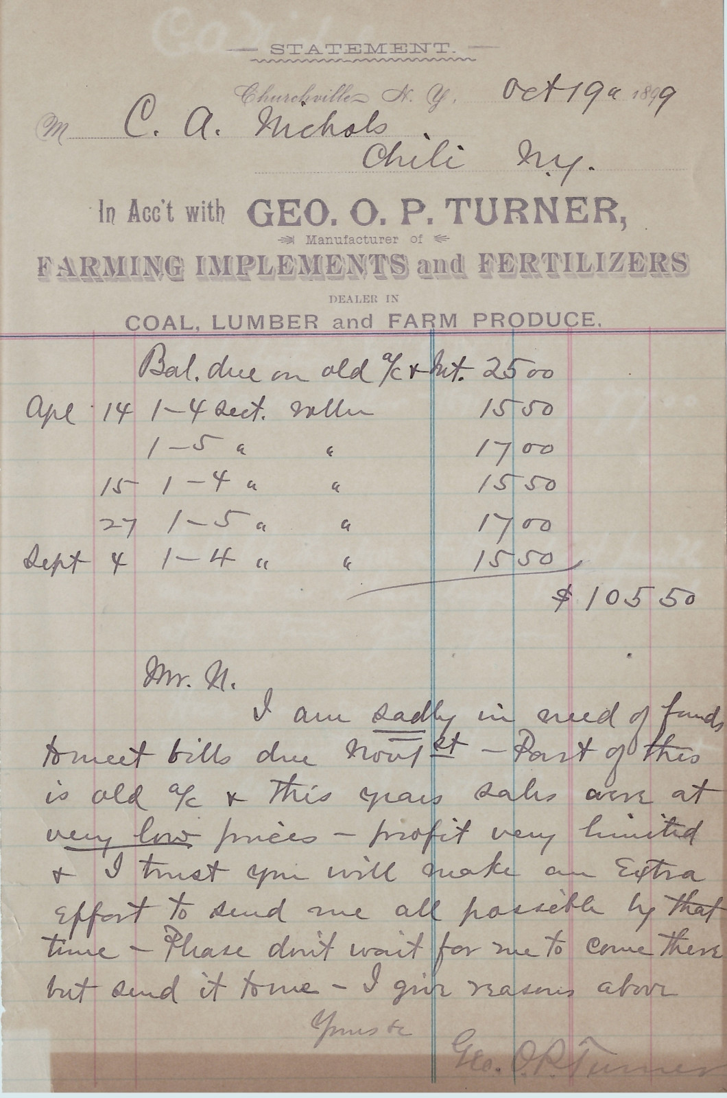 Billhead LOT of 4- Geo Turner Churchville NY 1891+ Signed Letter Farm Implements