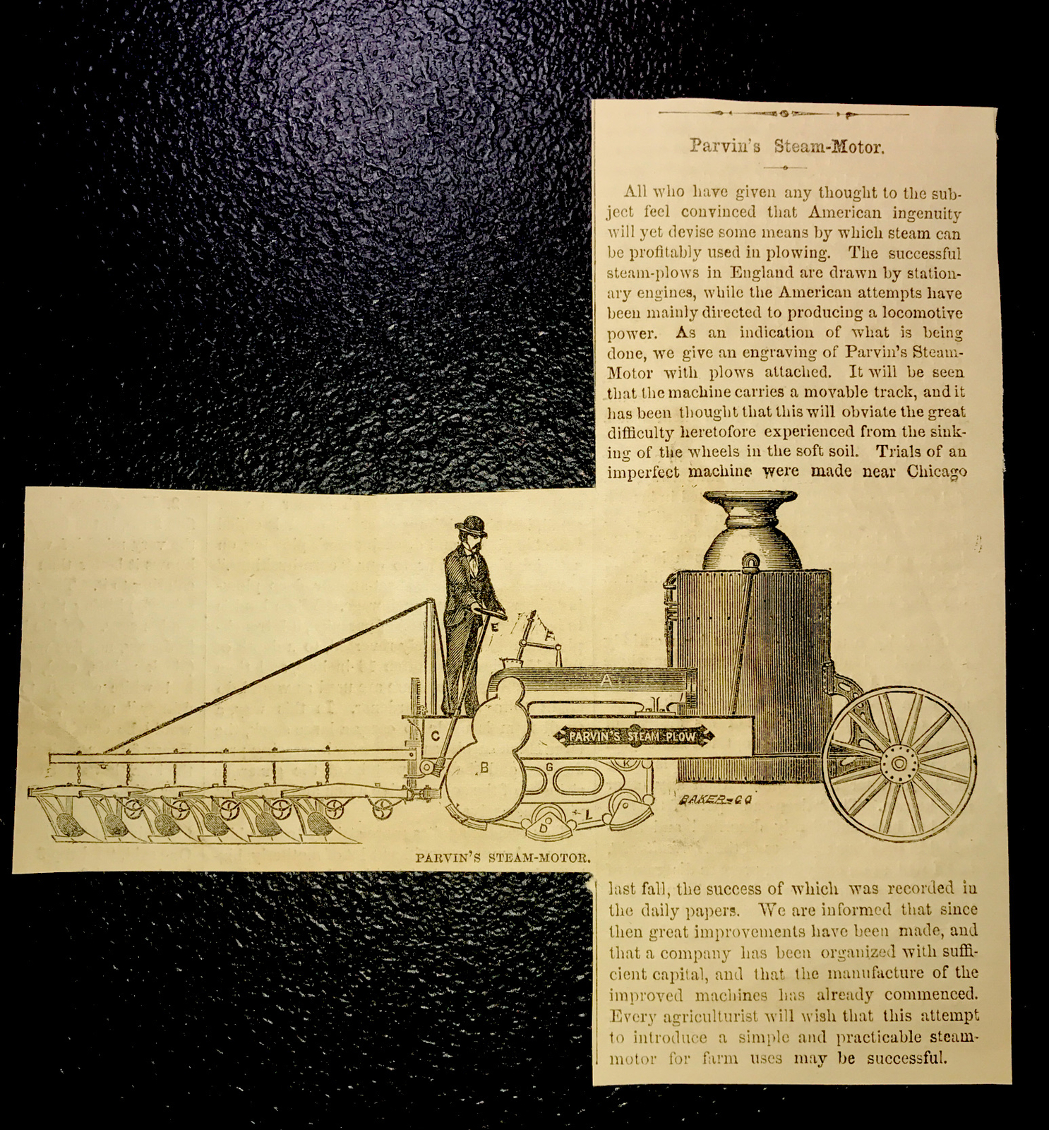 ORIGINAL 1873 Parvin’s Steam Motor Plow Farm Engraving Advertising & Article