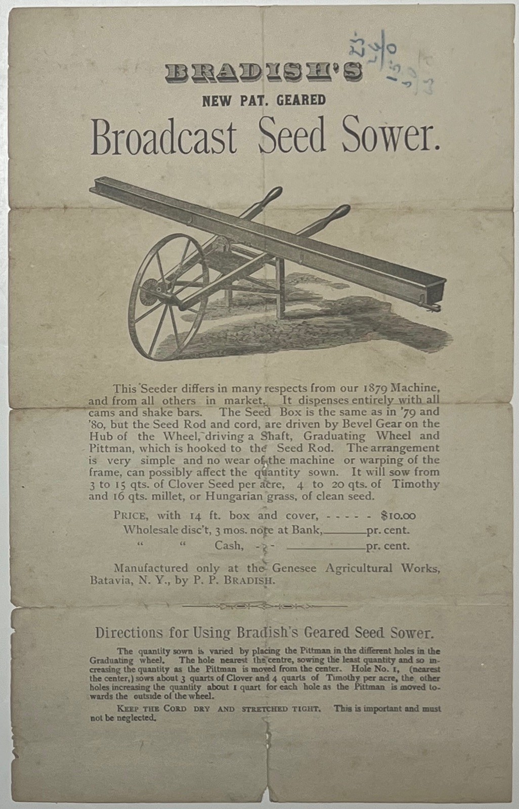 1880 BRADISH GEARED BROADCAST SOWER GENESEE BATAVIA NY FARM BROADSIDE SHEET RARE