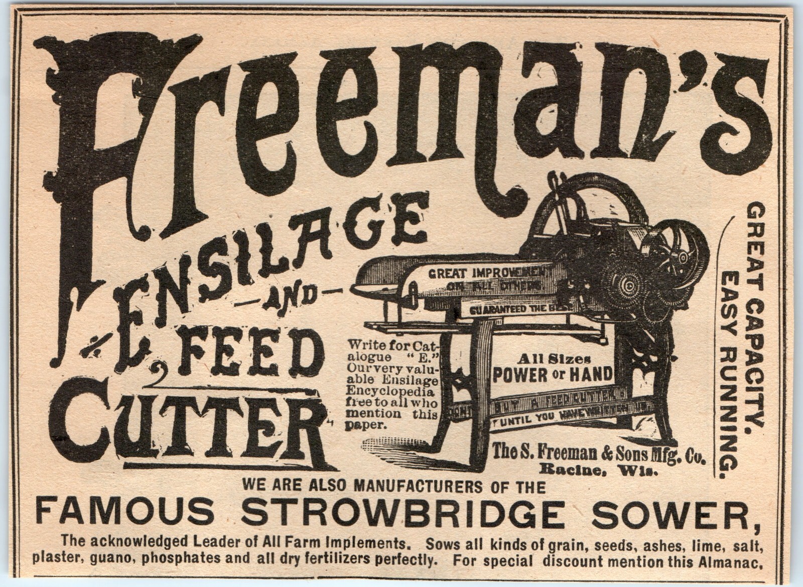 Vtg 1890 Freeman Sons Ensilage Feed Cutter Print Ad Racine WI Strowbridge Sower