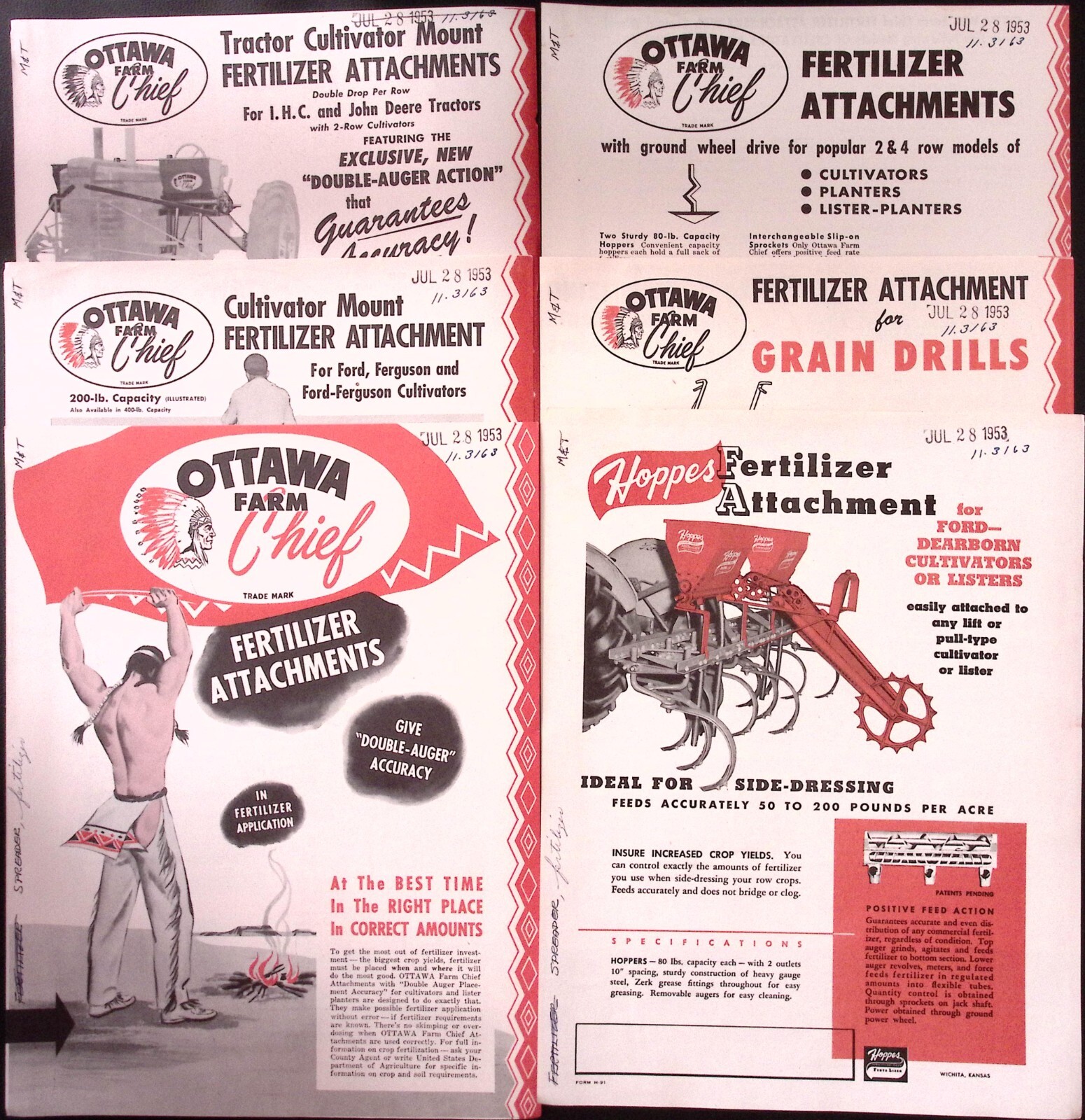1953 Ottawa Chief Fertilizer Attachments Ford & Dearborn Tractor Brochure LOT