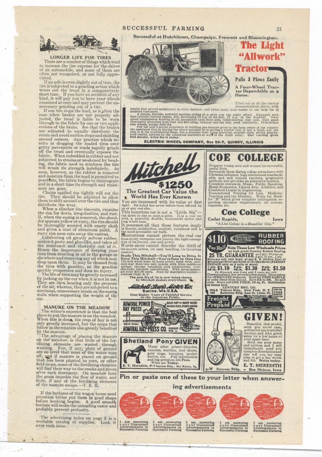 1915 Electric Wheel Co. of Quincy, Illinois Ad: All Work 3 Plow Tractor