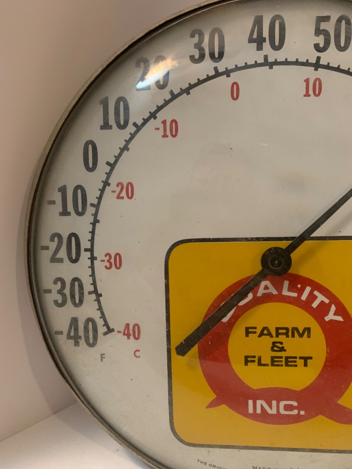 Vintage Quality Farm & Fleet tin metal round Thermometer glass