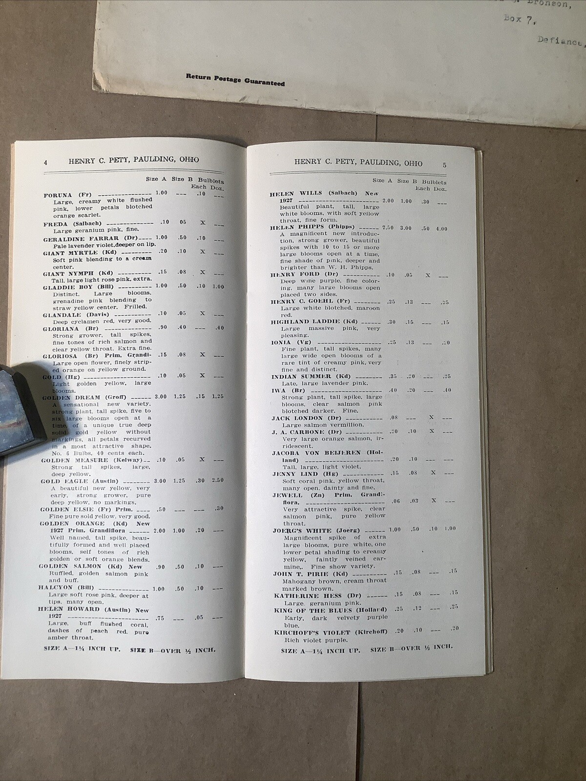 1928 Gladiola Pricing List Henry Petty Paulding Ohio INV-P0372