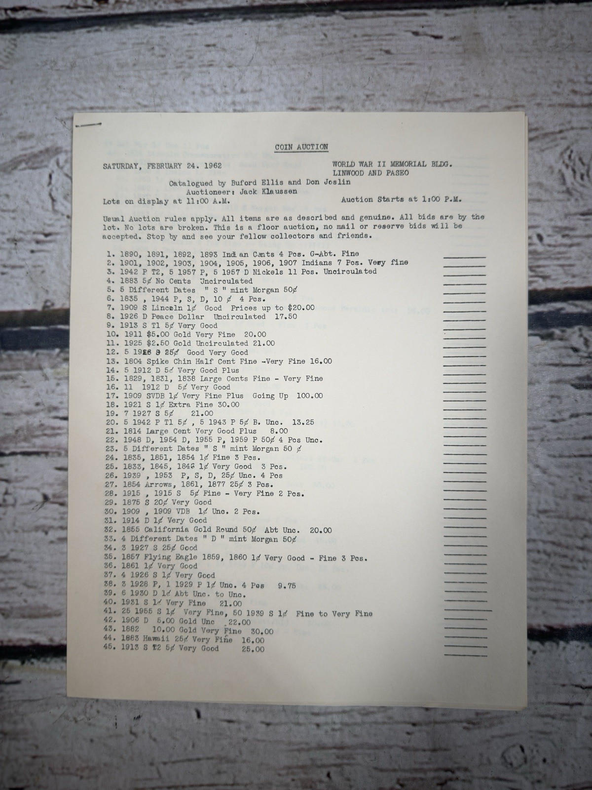 VTG Coin Auction Jack Klaussen Auctioneer 1962 Bid Info Guide Booklet Handout