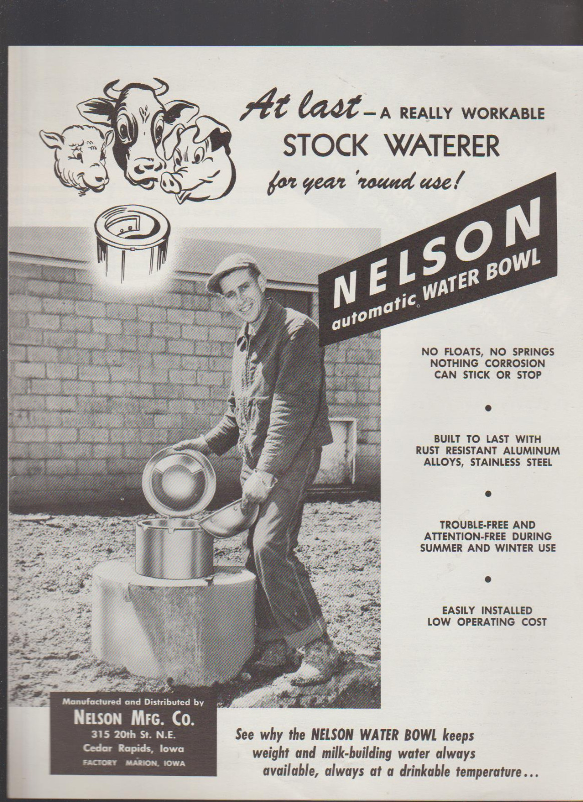 Nelson Automatic Water Bowl Brochure Farm Animals Nelson Mfg Cedar Rapids 1960s