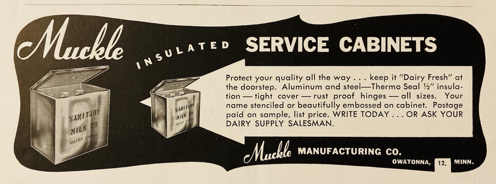 1953 AD.(PC10)~MUCKLE MFG. CO. OWATONNA, MINN. INSULATED DAIRY CABINETS