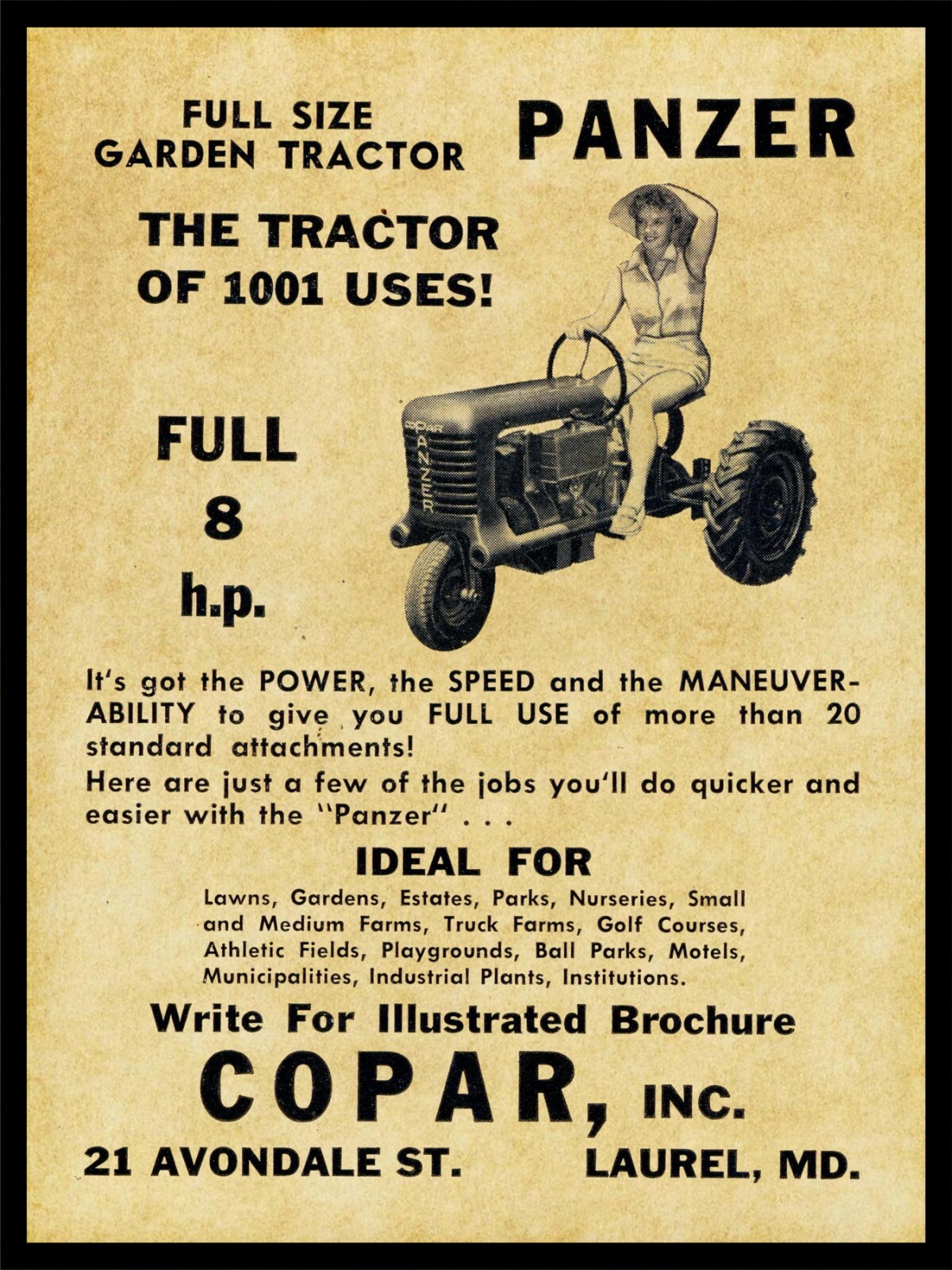 1956 Panzer Garden Tractors NEW Metal Sign: COPAR Inc. – Laurel, Maryland