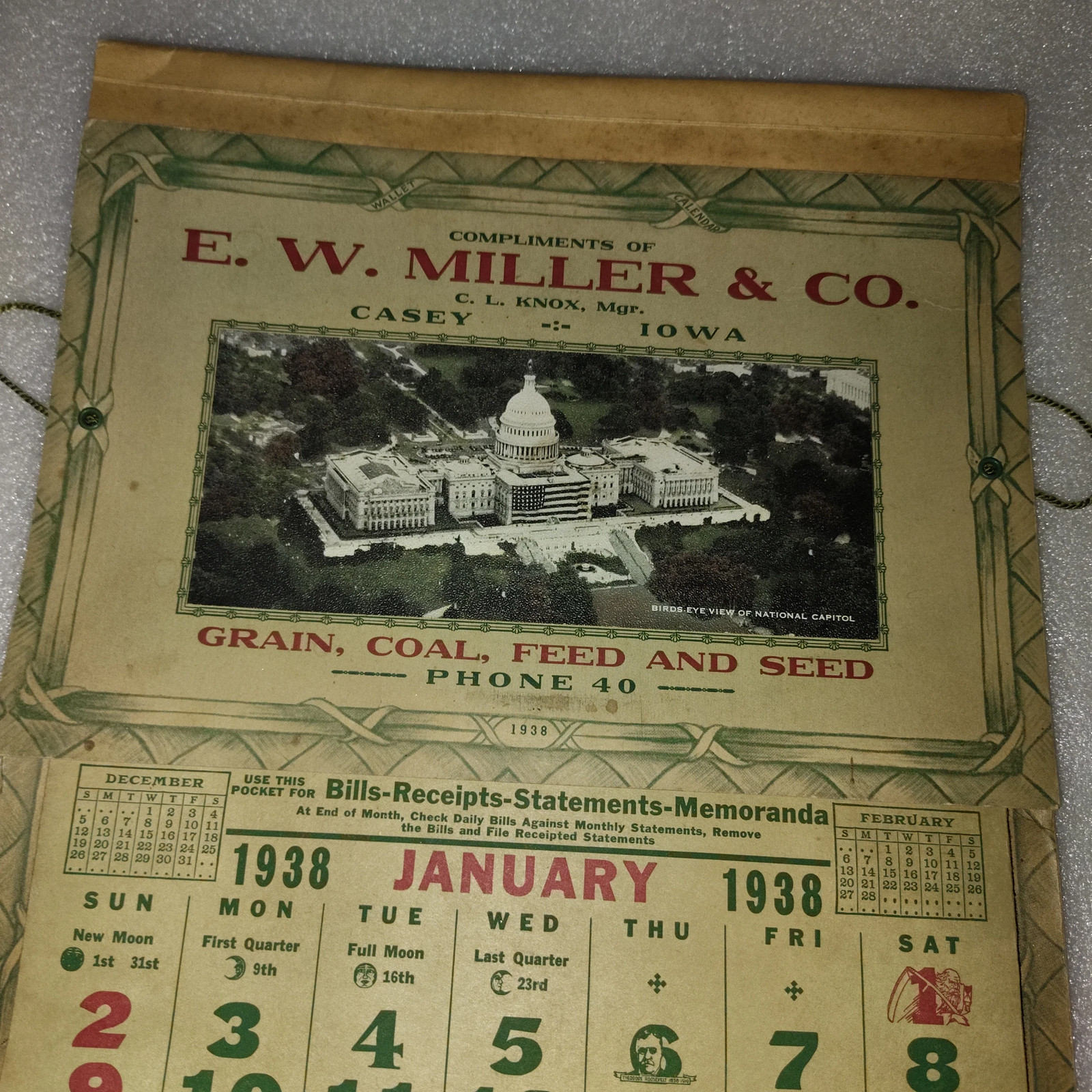 1938 E. W. Miller & Co. Casey Iowa Grain Coal Feed Seed Agricultural Calendar Ad