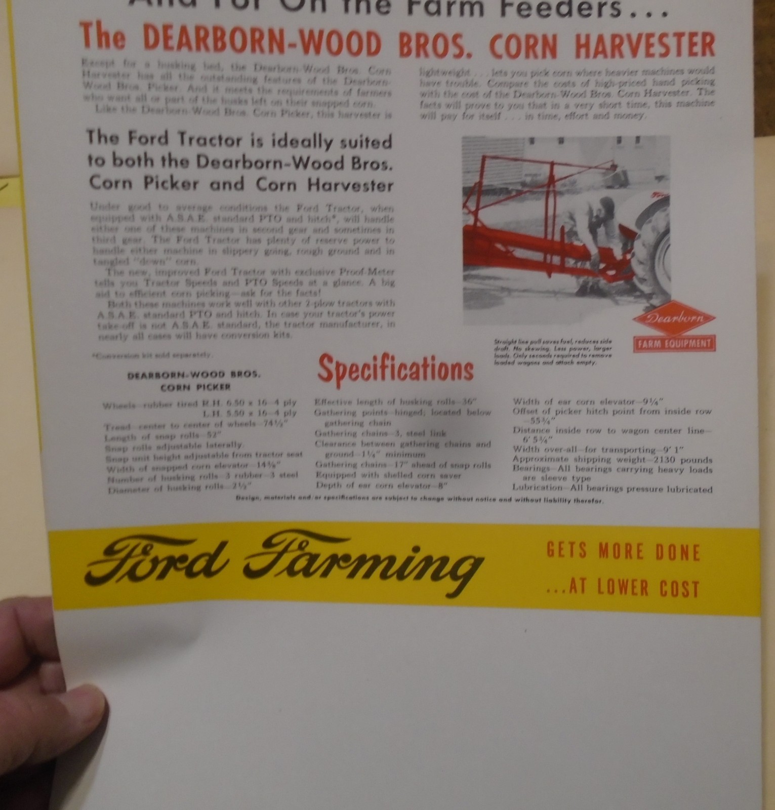 NOS Dearborn-Wood Bros. Corn Picker 2 Page Sales Brochure Ford Tractor