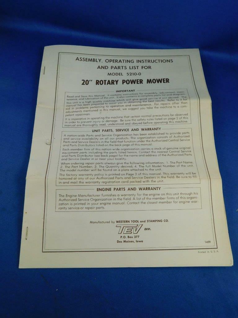 WESTERN TOOL ASSEMBLY OPERATING INSTRUCTIONS PART LIST WARRANTY 20&Prime; POWER MOWER
