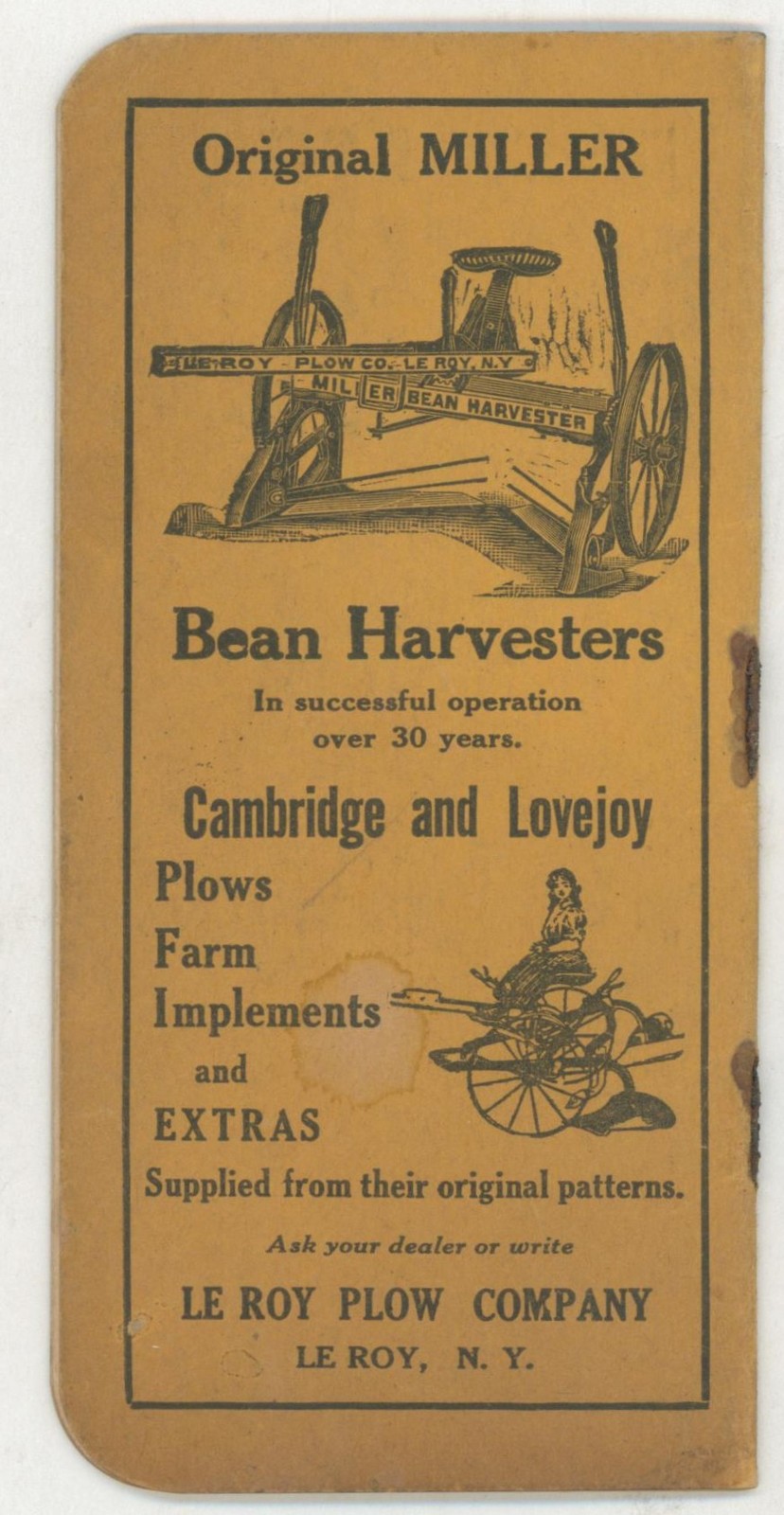 c1915 Le Roy Plow Co Farm Implement Advertising Memo Pad Harrows Cultivators NY