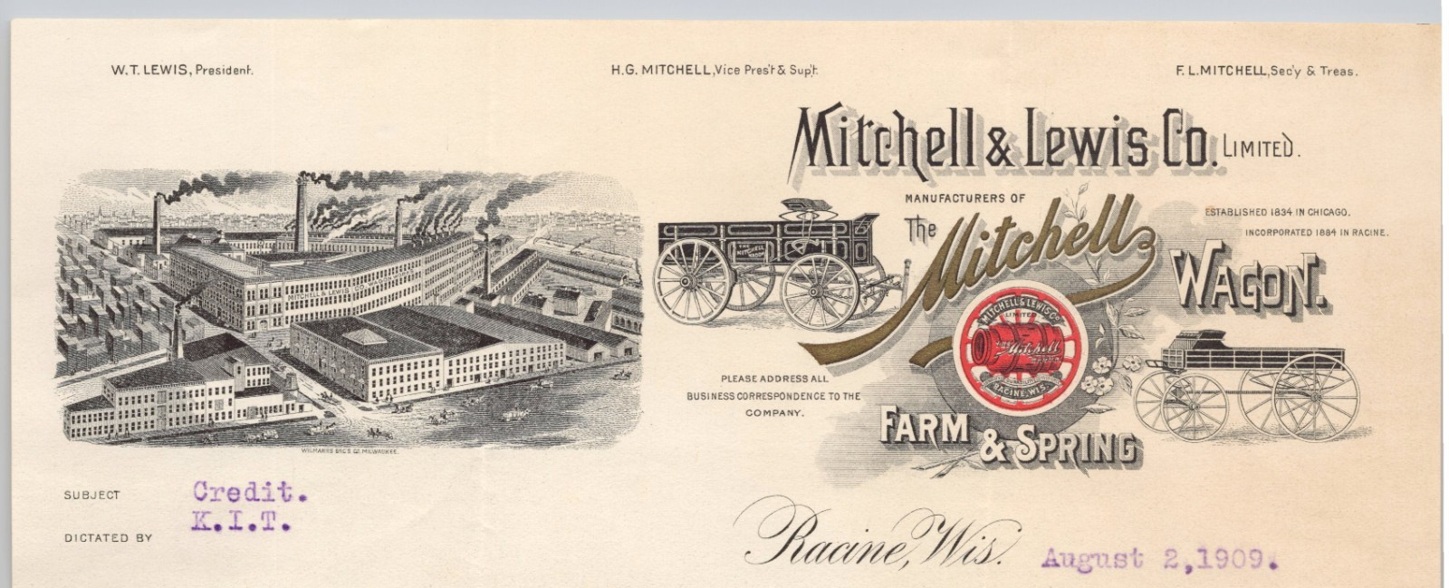 1909 Mitchell & Lewis Wagon Manufacturer Racine WI Color Letterhead BH1-64