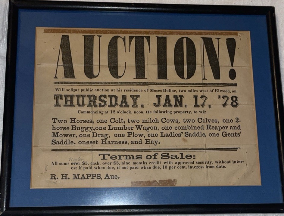 Antique Auction Poster Horses, Cattle, Livestock, Farm Implements Elwood iN 1878