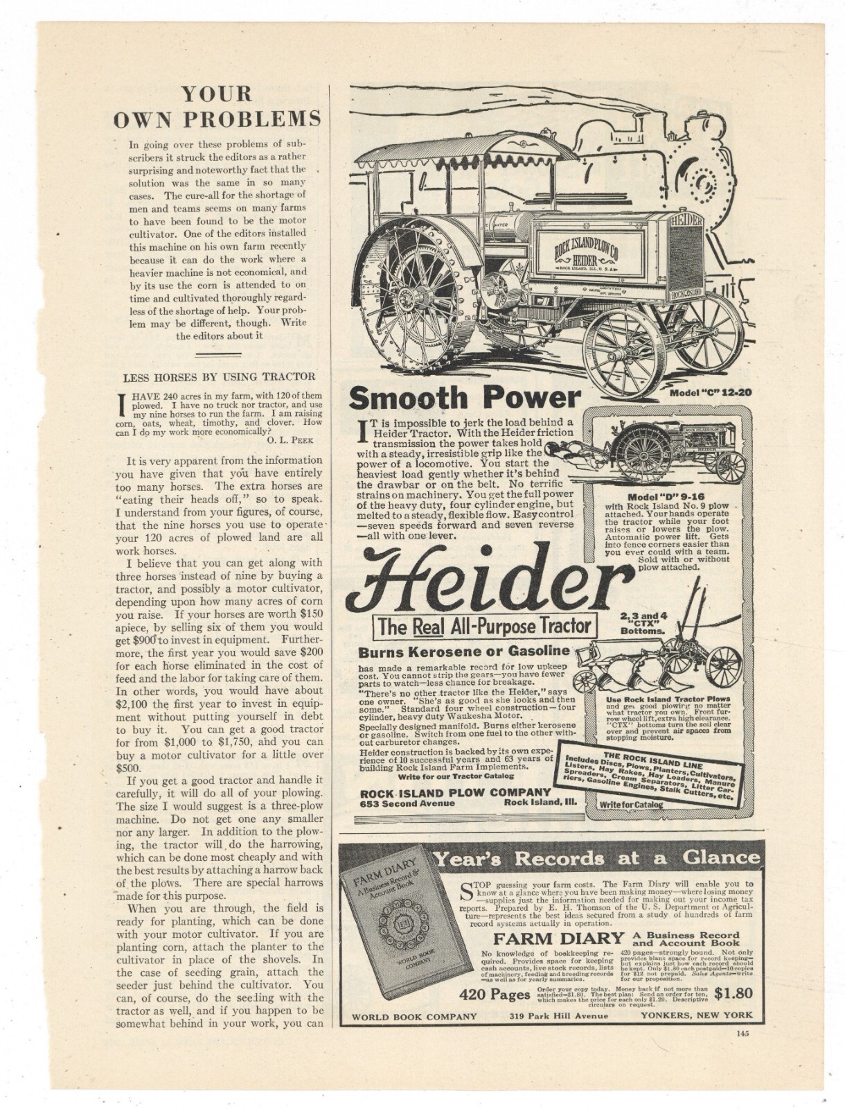 1918 Rock Island Plow Co. Ad: Heider Gas/Kerosene Tractor – Model C – Illinois