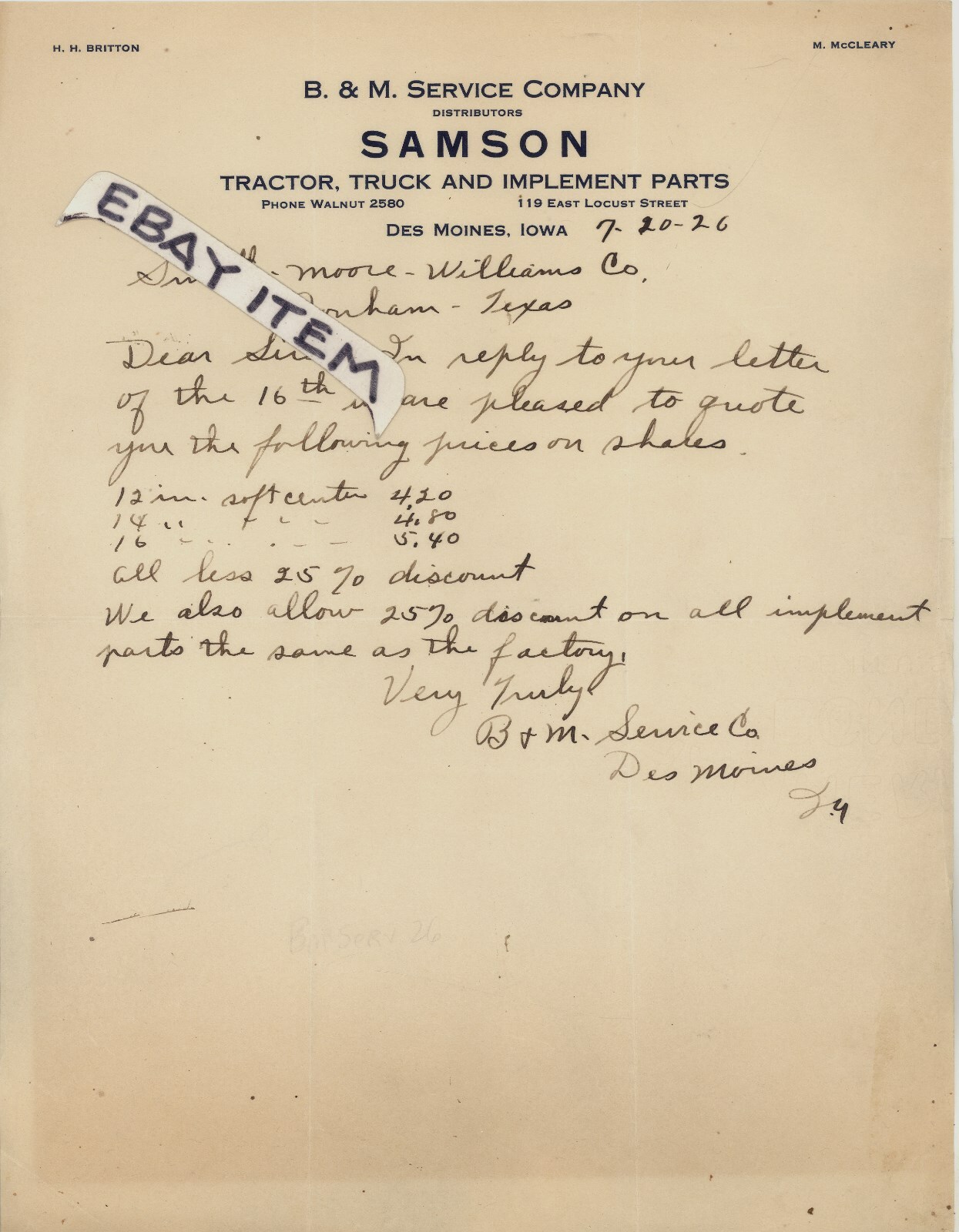 1926 Britton McCleary DES MOINES Iowa SAMSON tractor B & M SERVICE CO letterhead