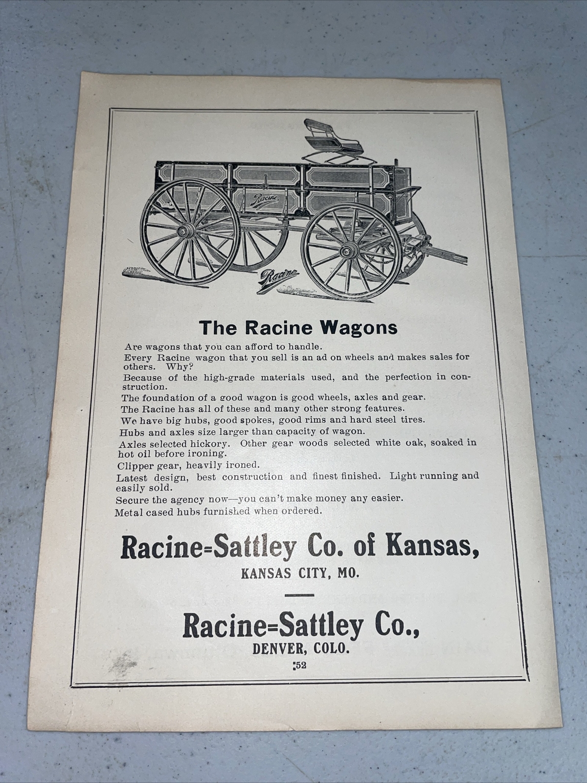 ORIGINAL 1907 Racine Wagon Farm Advertising – Kansas City / Denver