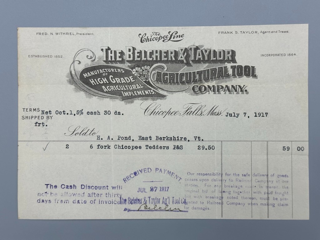 1917 BELCHER & TAYLOR Agricultural Tool FARM Plow Billhead CHICOPEE FALLS MA