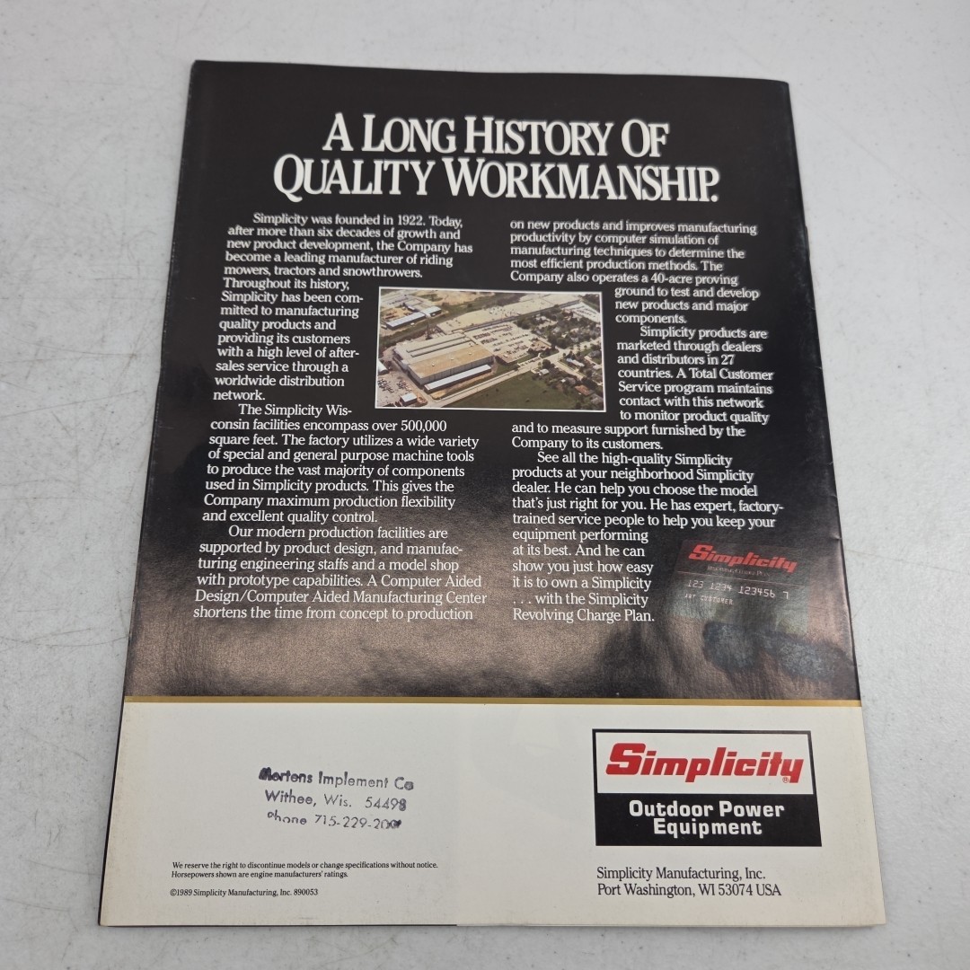 Vintage 1989 Simplicity Sales Brochure Lawn Mowers to Garden Tractors Specs