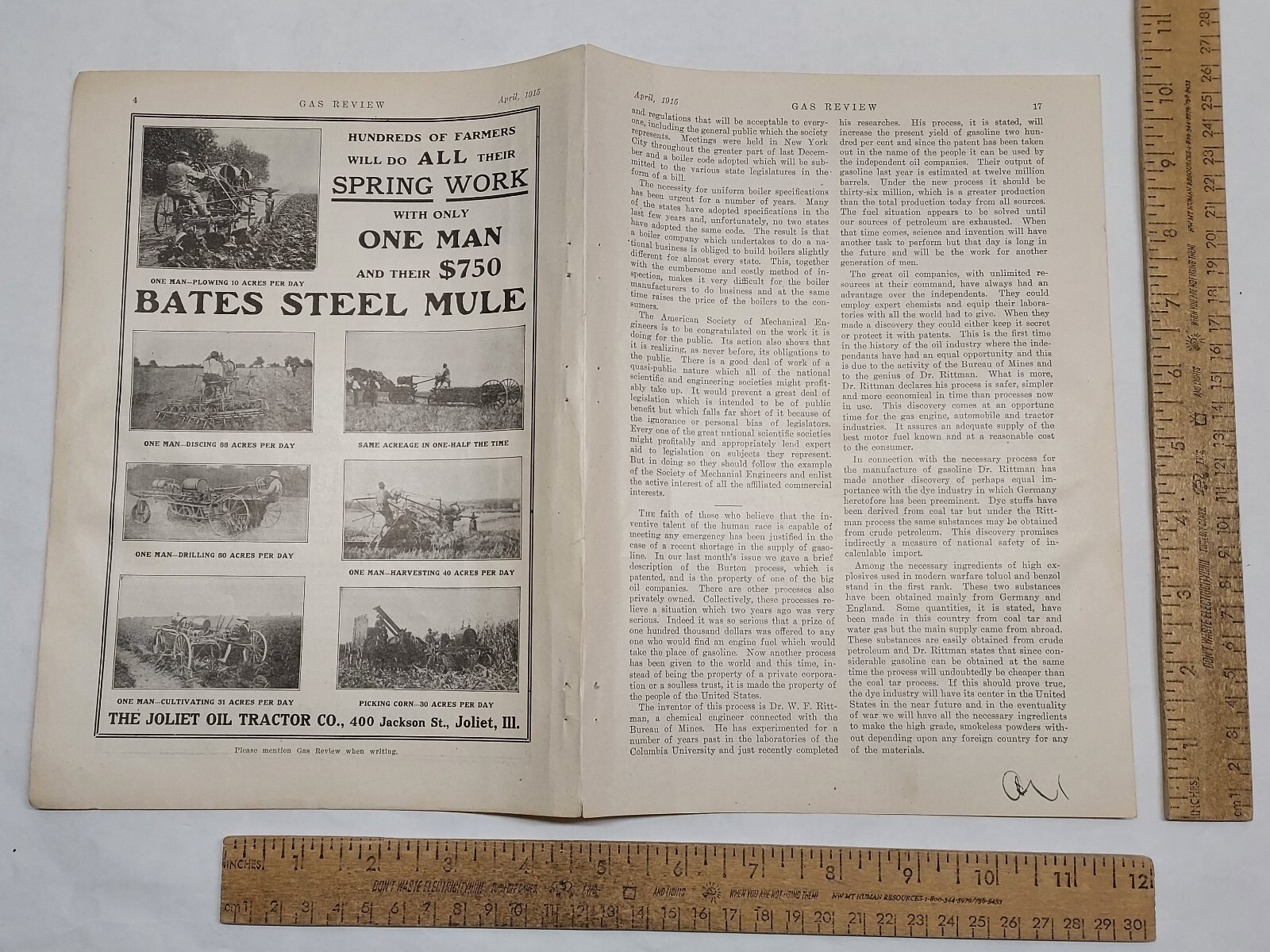 1915 – BATES STEEL MULE – THE JOLIET OIL TRACTOR CO – magazine ad -listing #5822