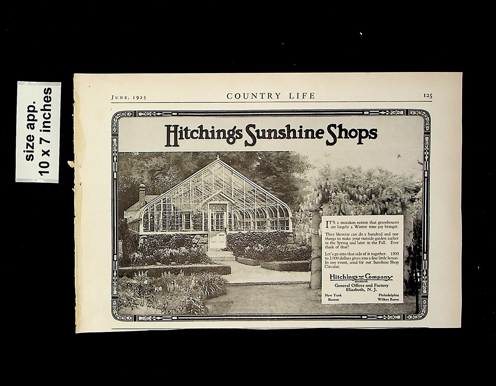 1925 Hitchings Sunshine Shops Greenhouse Vintage Print ad 14949