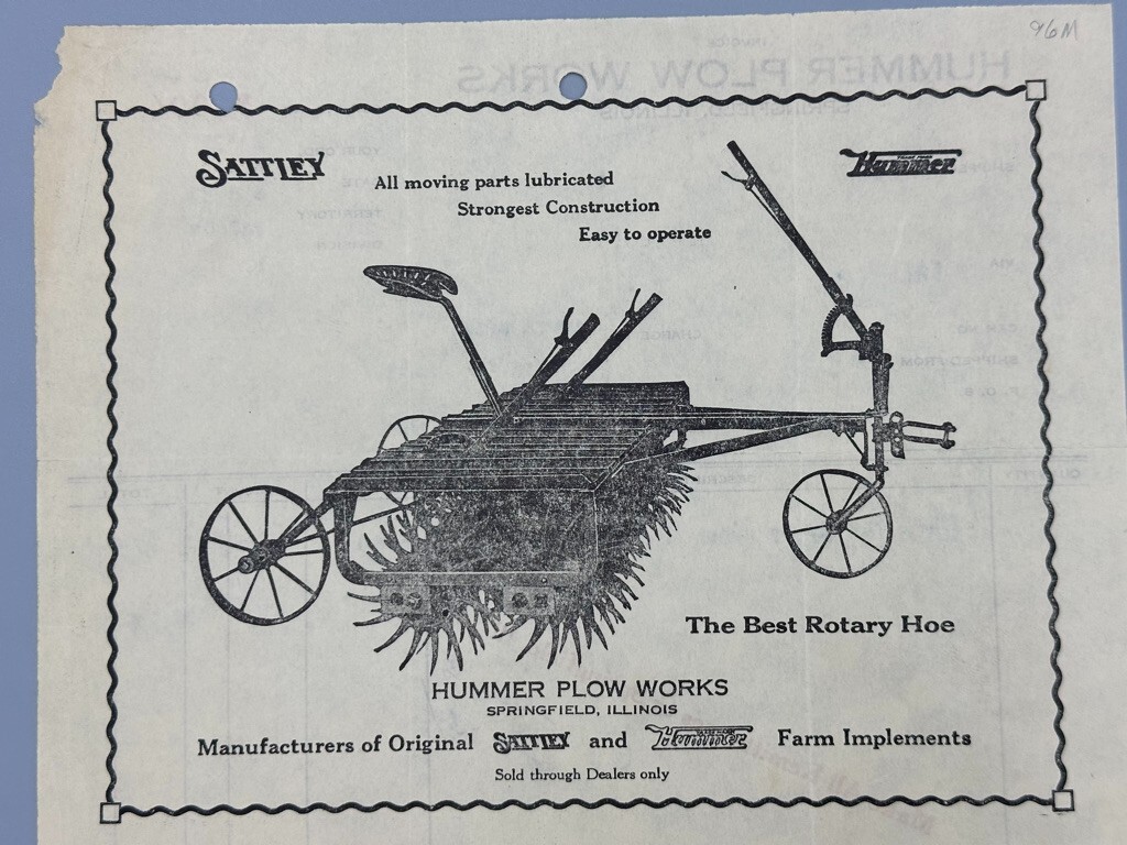 1930 HUMMER PLOW WORKS Farm Machinery Advertising Billhead SPRINGFIELD IL