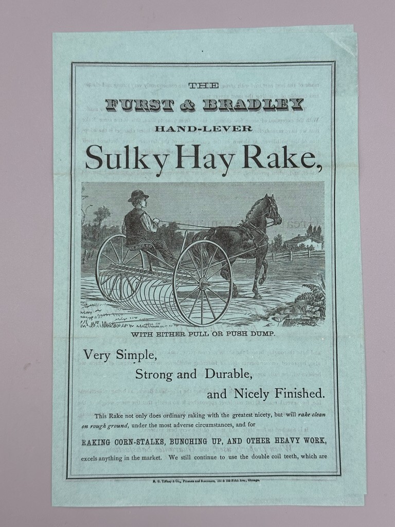 1880s FURST & BRADLEY Sulky Horse Hay Rake FARM Antique ADVERTISING Circular