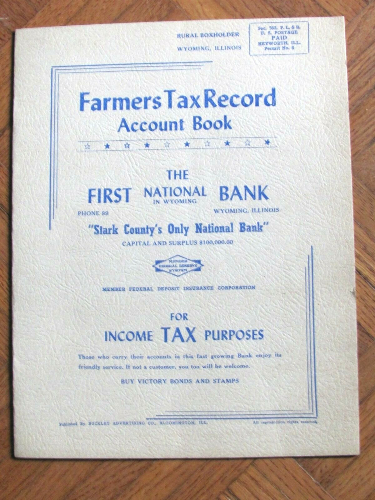 1940&rsquo;S UNUSED FARM TAX RECORD BOOK – WYOMING ILLINOIS FIRST NATIONAL BANK