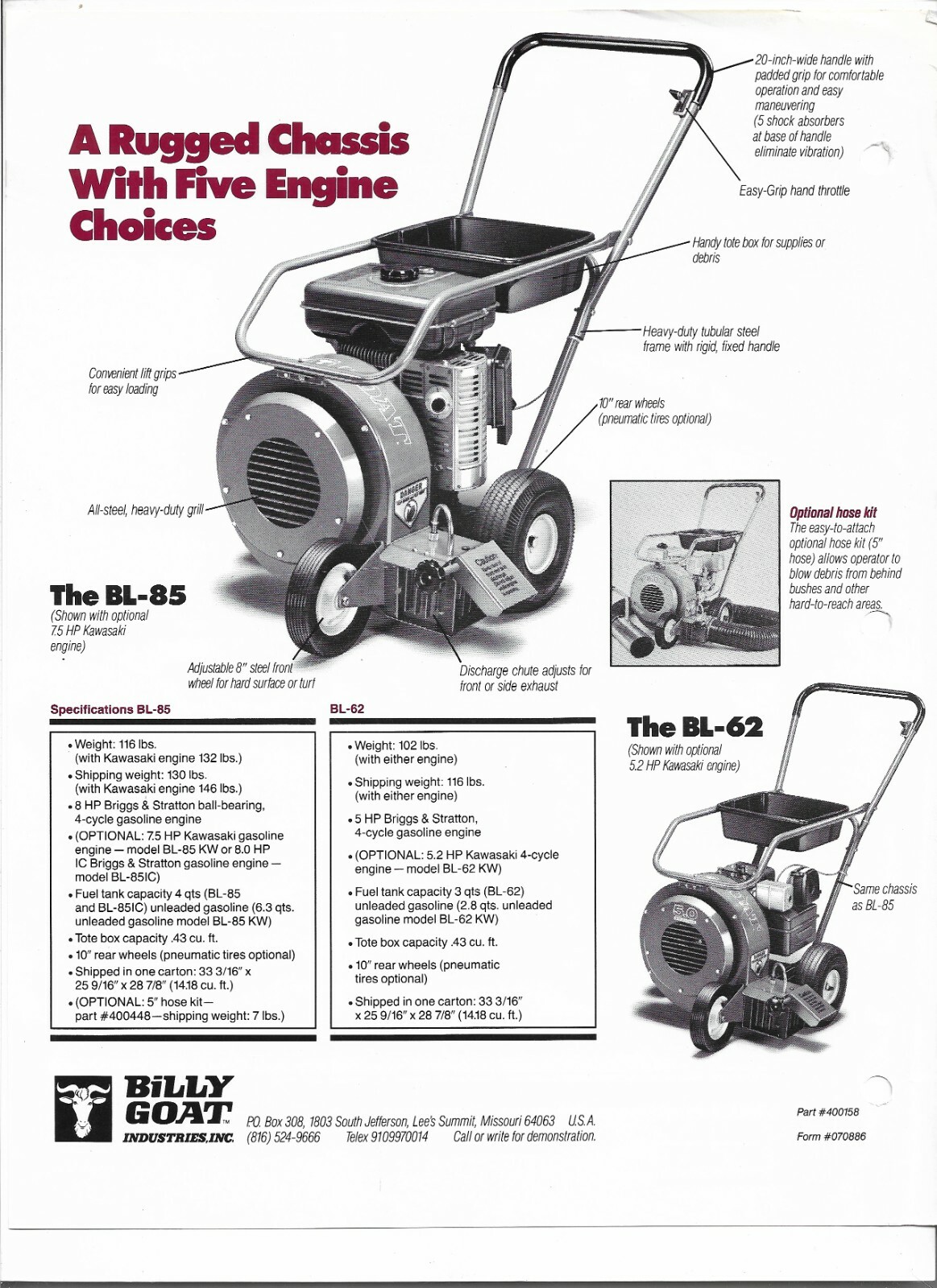 Original OEM OE Billy Goat Model BL62 BL85 Blower Sales Brochure Form No. 070886