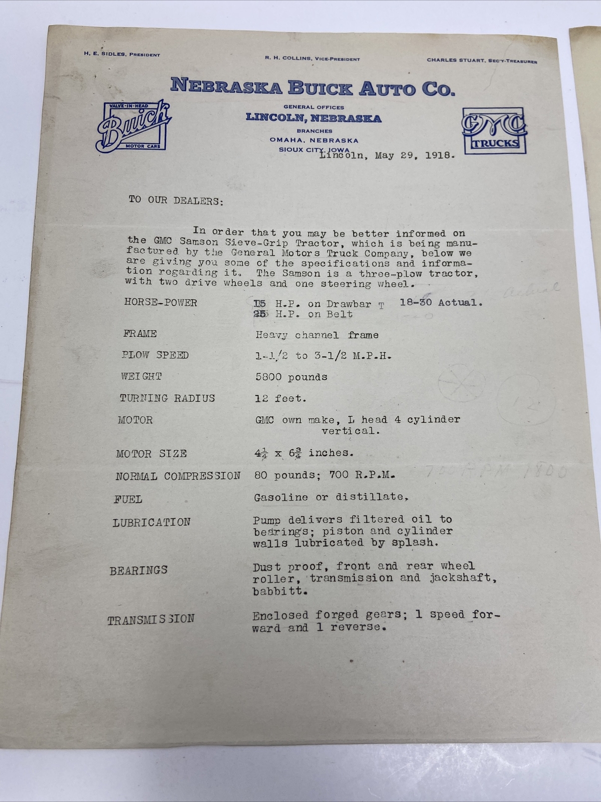 1918 Nebraska Buick Auto Co. Letterhead Tractor Correspondence Farming 2 Pages