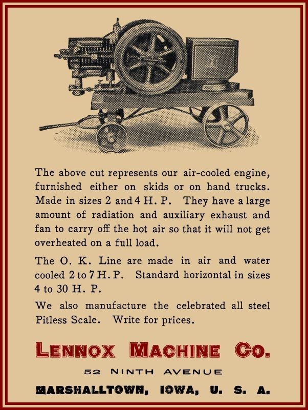 1908 Lennox Machine OK Gas Engines Marshalltown, Iowa NEW METAL SIGN: 12×16&Prime;