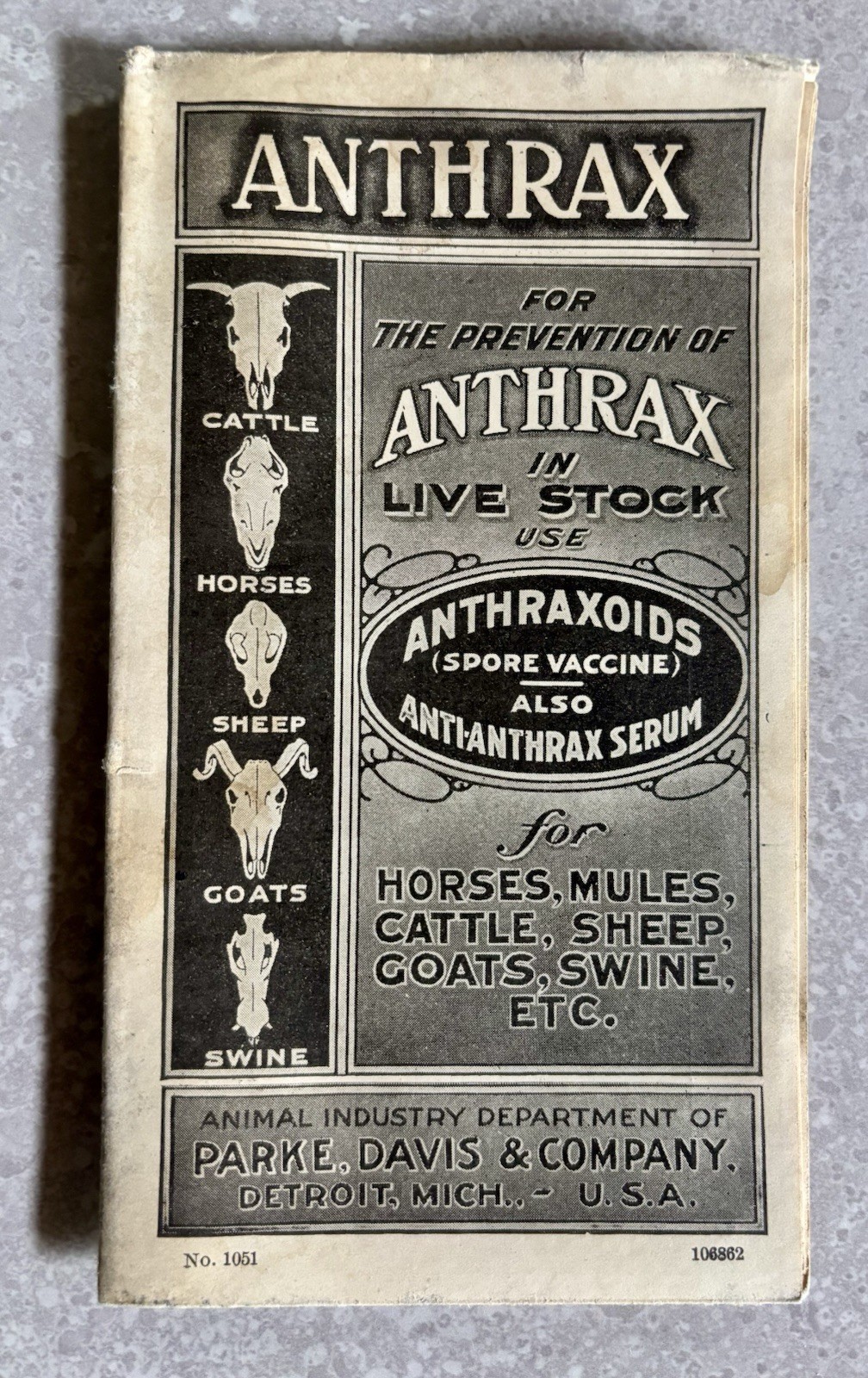 Anthrax Live Stock Vaccine & Serum Parke Davis & Company Advertising Brochure