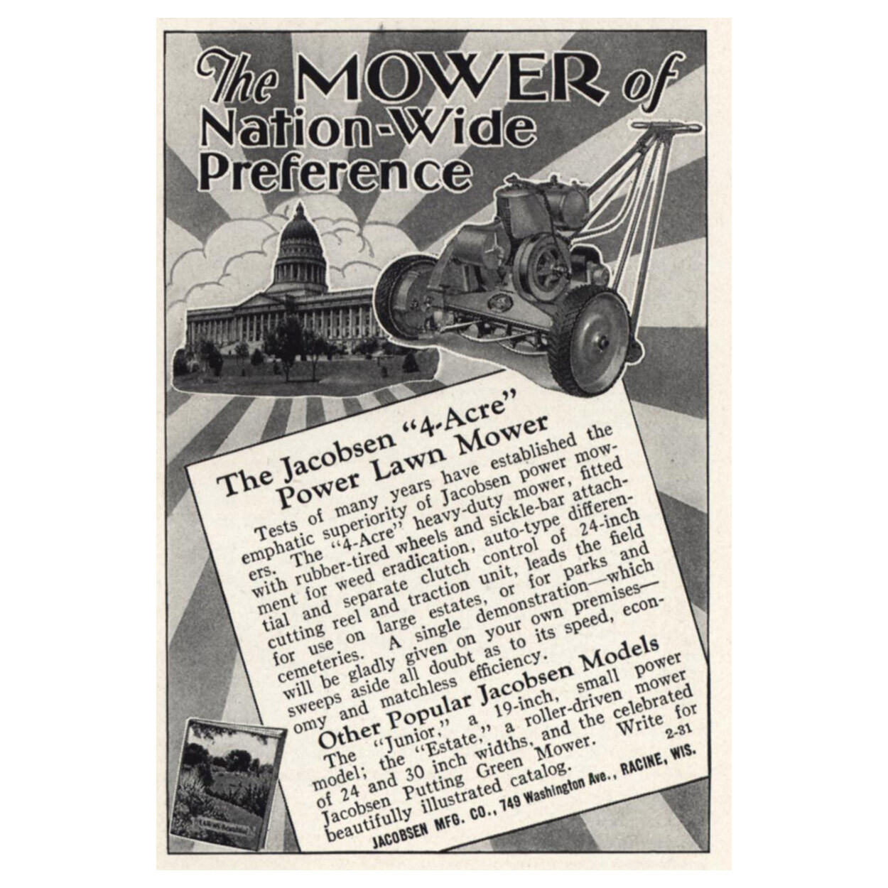1931 Jacobsen Mower: Nation Wide Preference Vintage Print Ad