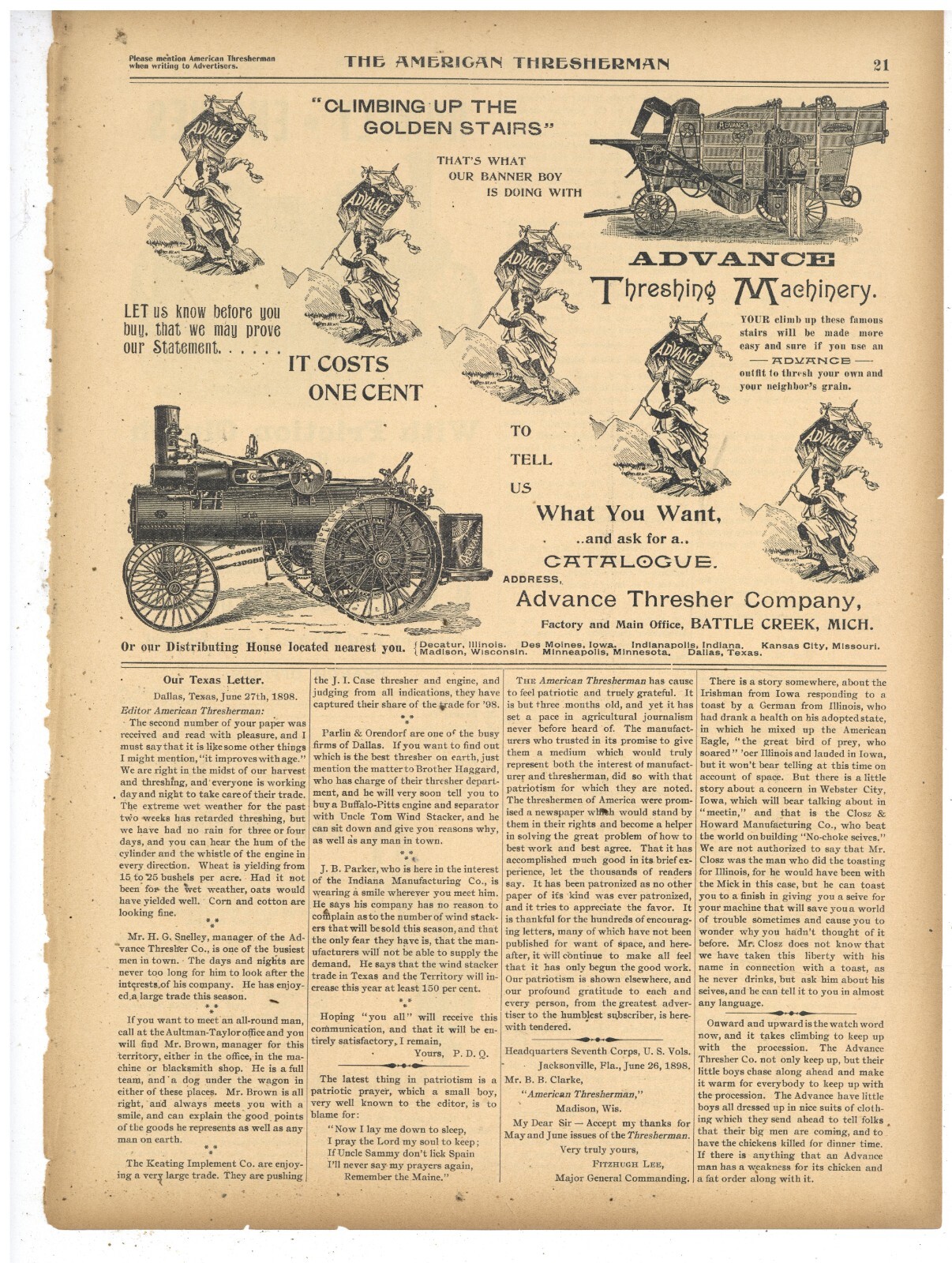 1898 Advance Thresher Co. Ad: Traction Engine – Climbing Up the Golden Ladder