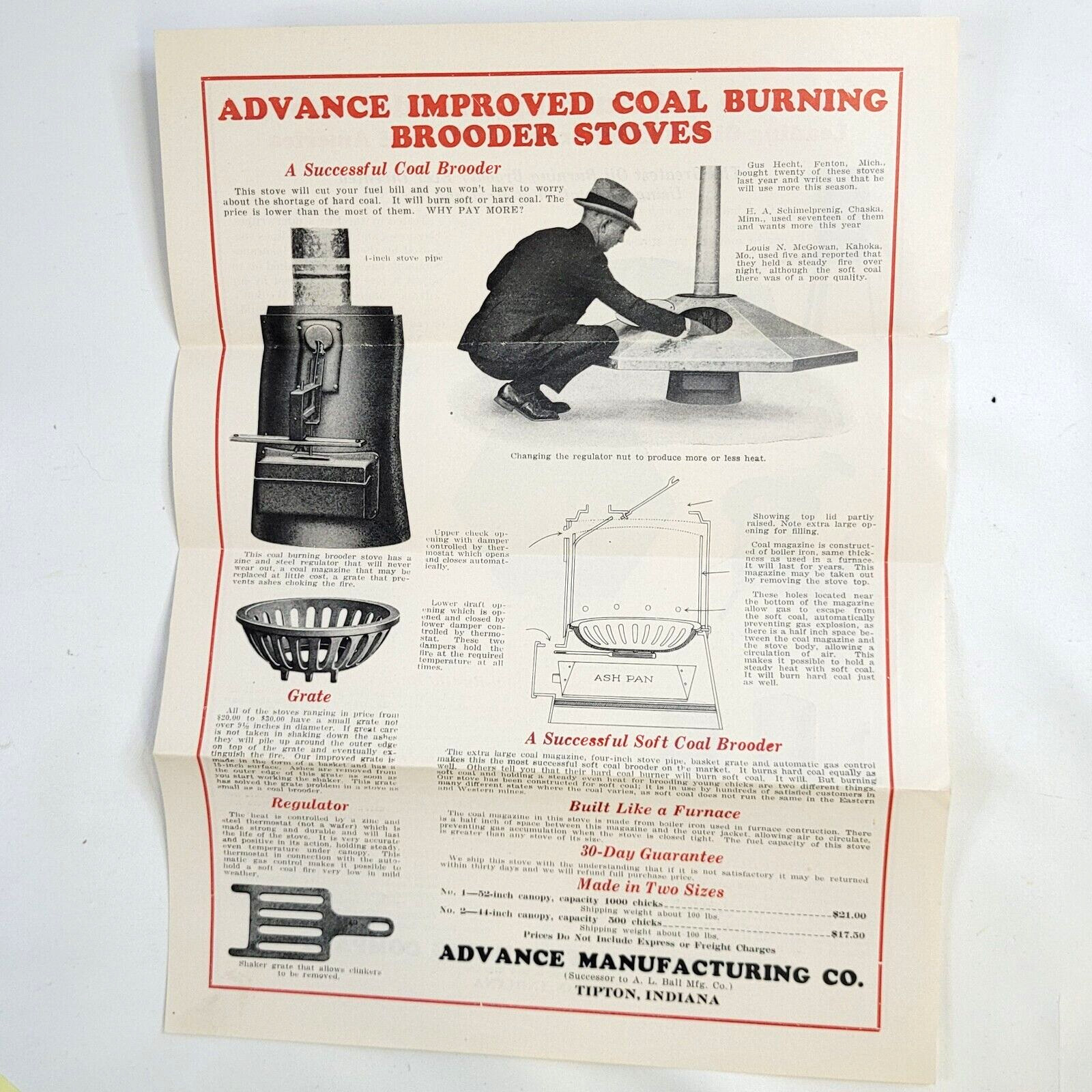 c.1920 Advance Manufacturing Poultry Farm Brooder Stove Ad Flyers Tipton Indiana