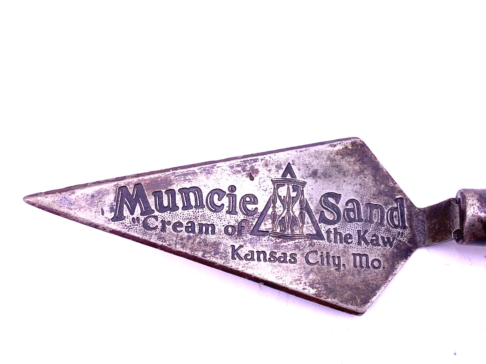 Antique MUNCIE SAND « Cream of the Kaw » advertising etched Trowel w/ wood handle