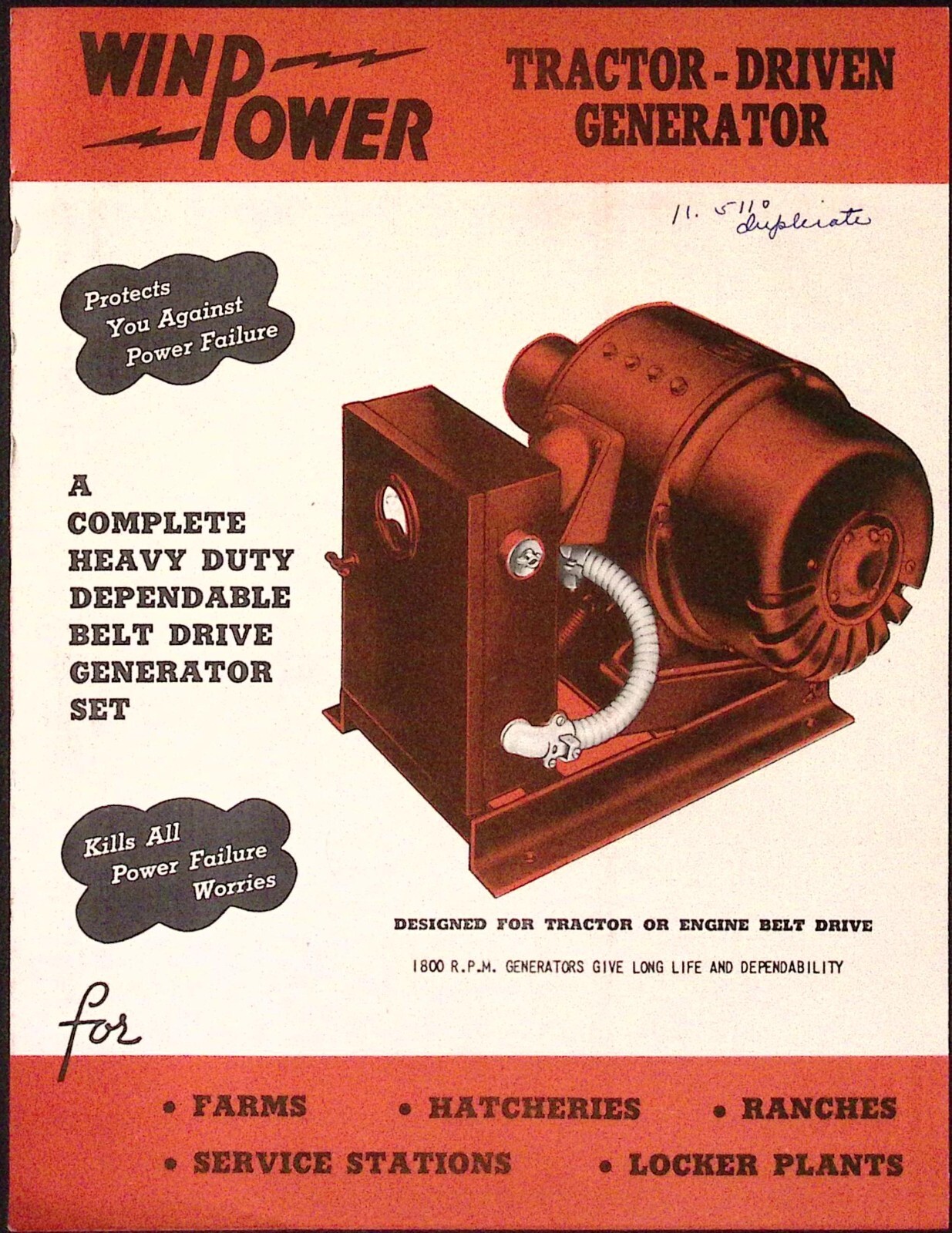 1950s WinPower Tractor Driven Generator Farms Hatcheries Winpower Co Newton IA