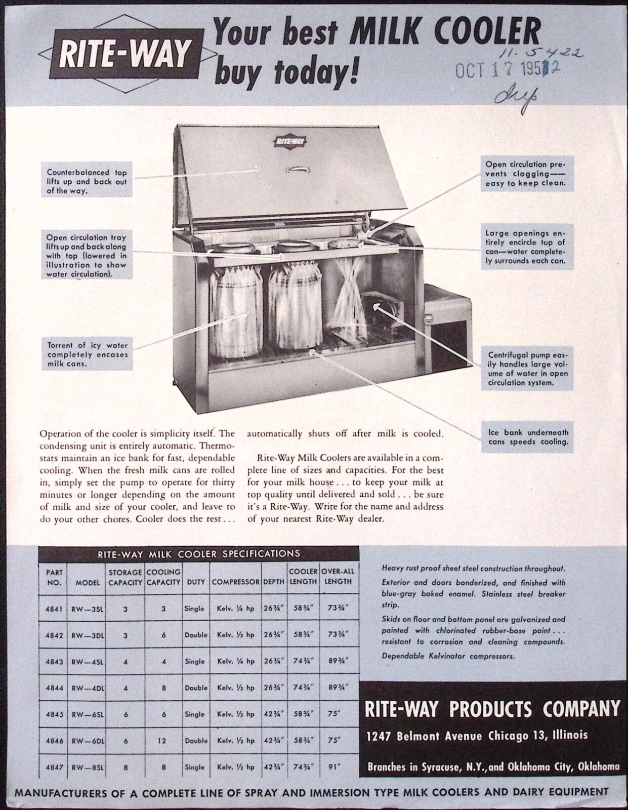 1952 Rite Way Milk Cooler Brochure Rite-Way Products Co Syracuse NY