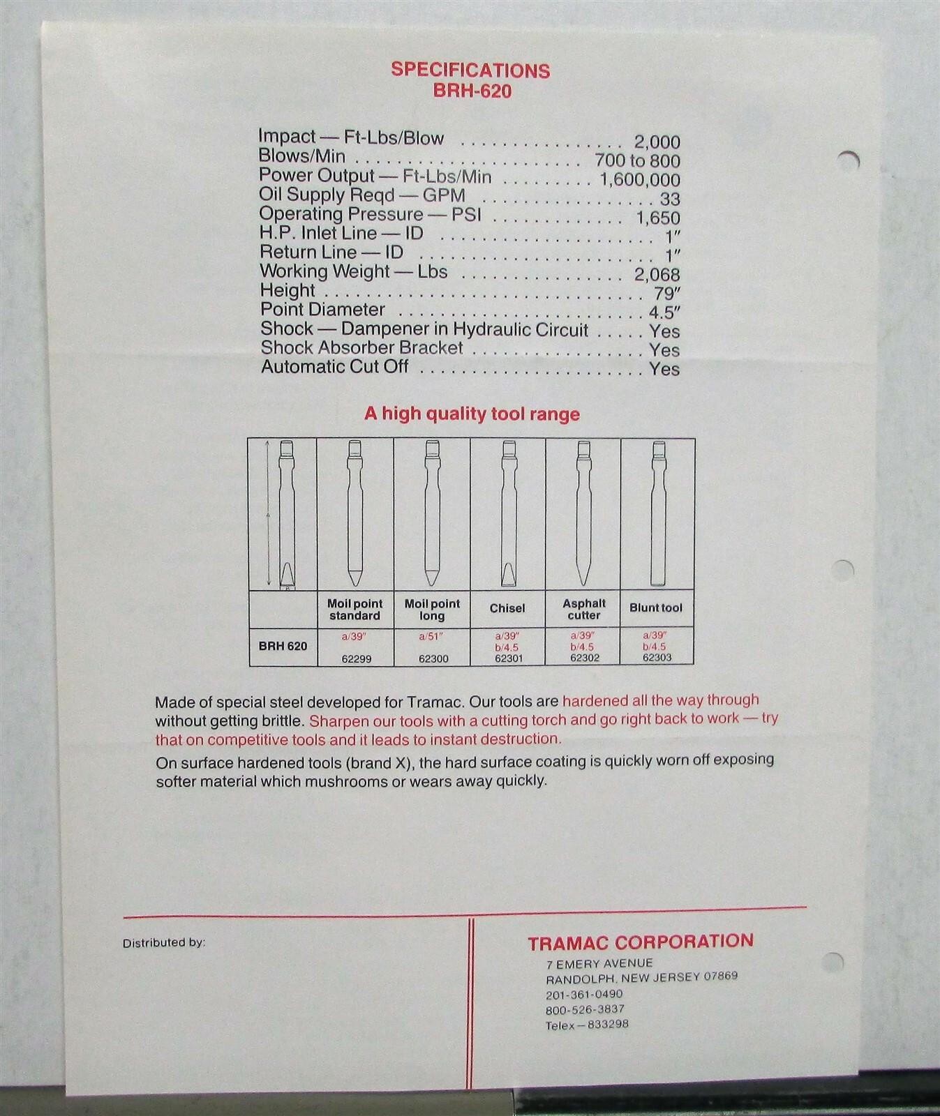 1980s Tramac Happy Hammers Hydraulic BRH-620 Construction Sales Data Sheet