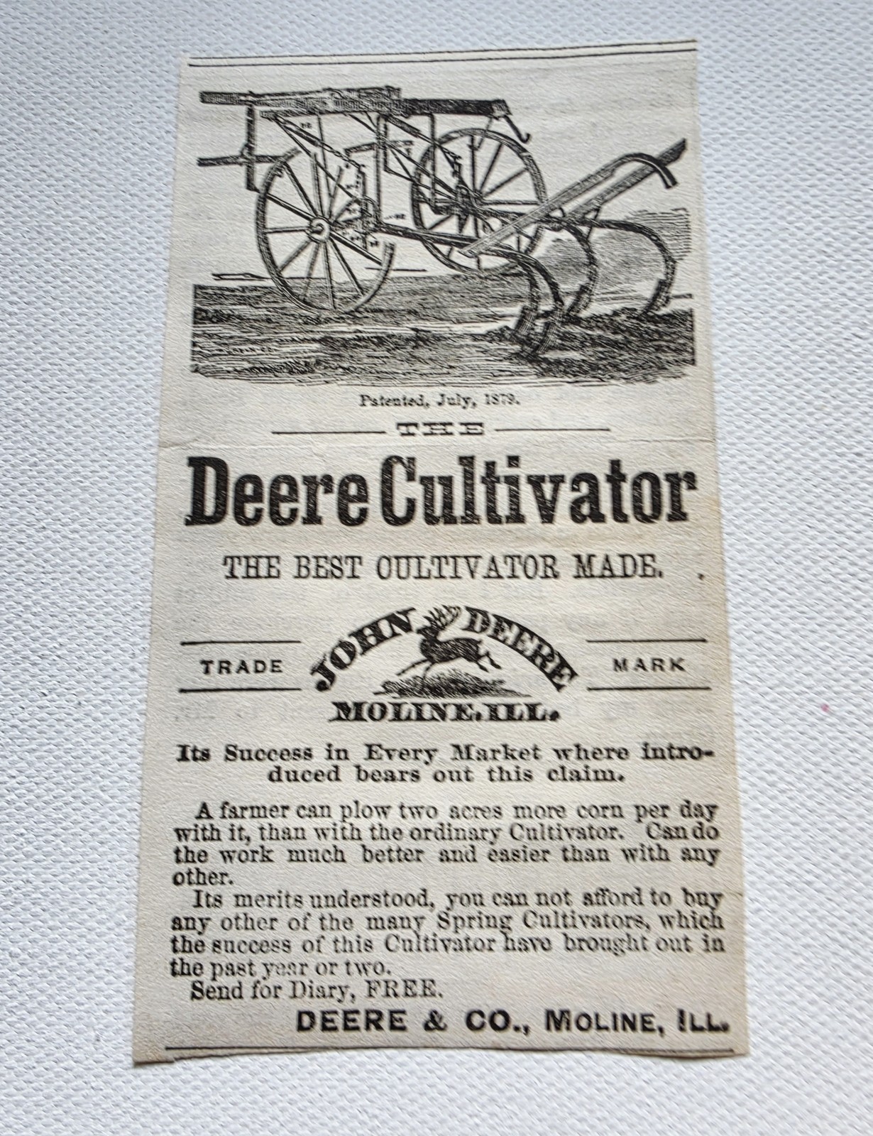 Patented July, 1879 John Deere Cultivator Newspaper Advertising Light Crease