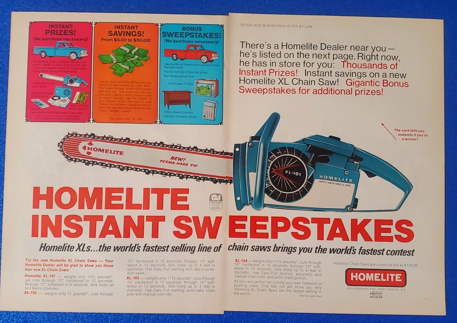 1968 HOMELITE XL CHAIN SAW CLASSIC 2pg PRINT AD MODEL XL101, XL102, XL103, XL104
