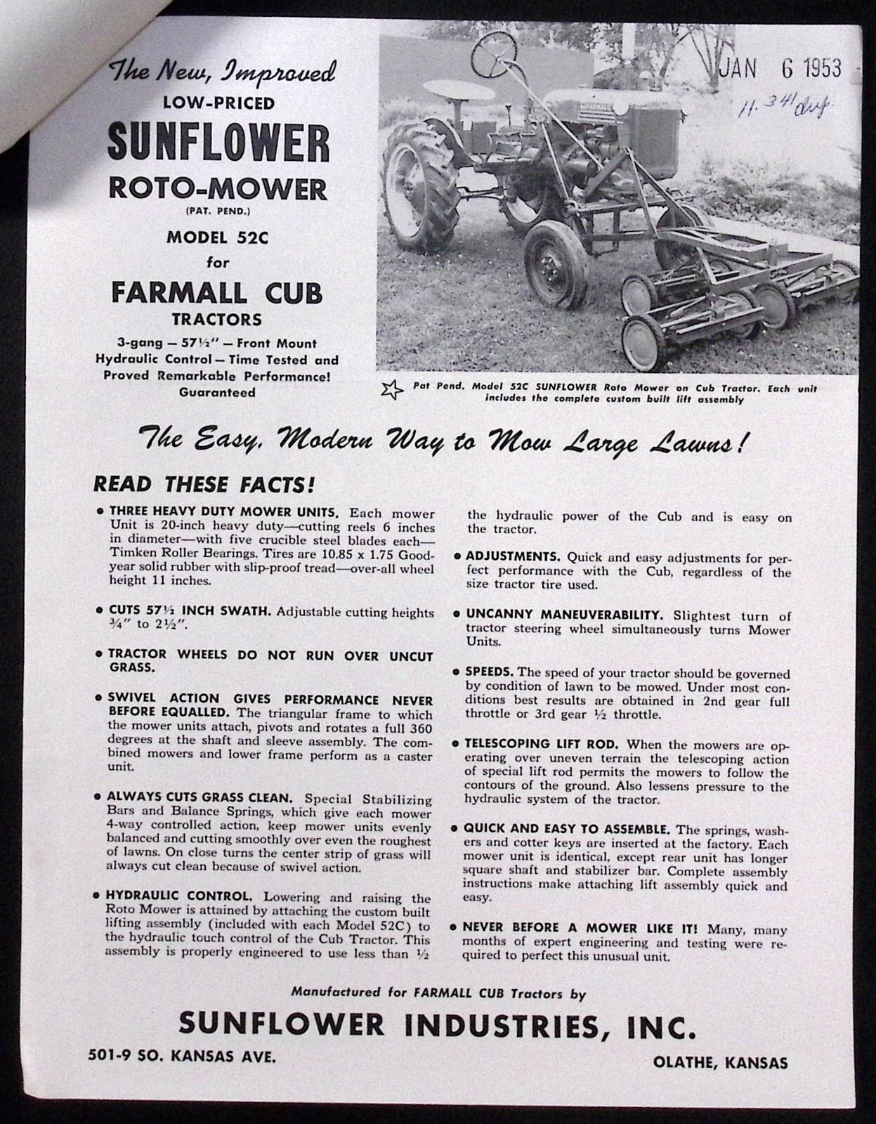 1953 Sunflower Roto Mower Model 4 Model 5 Brochure Sunflower Industries Olathe