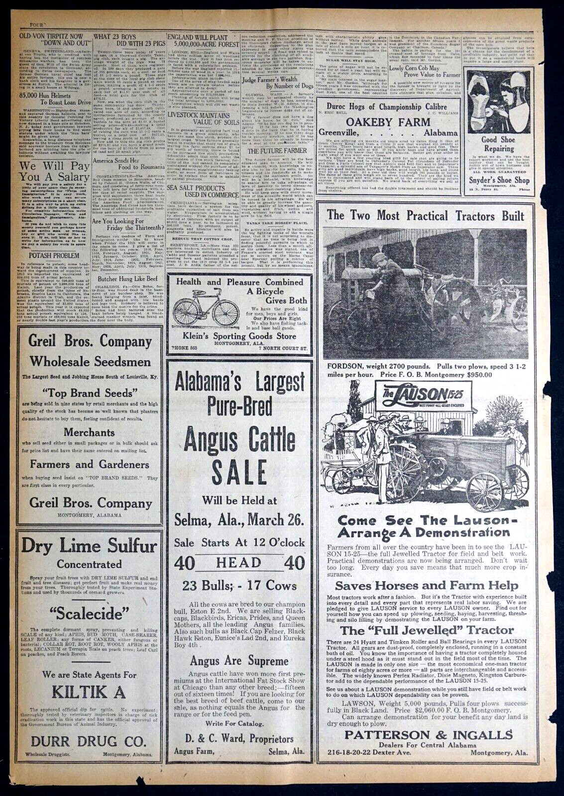 1919 Montgomery Alabama Newspaper Page – Lauson 15-25 & Fordson Tractor Ads