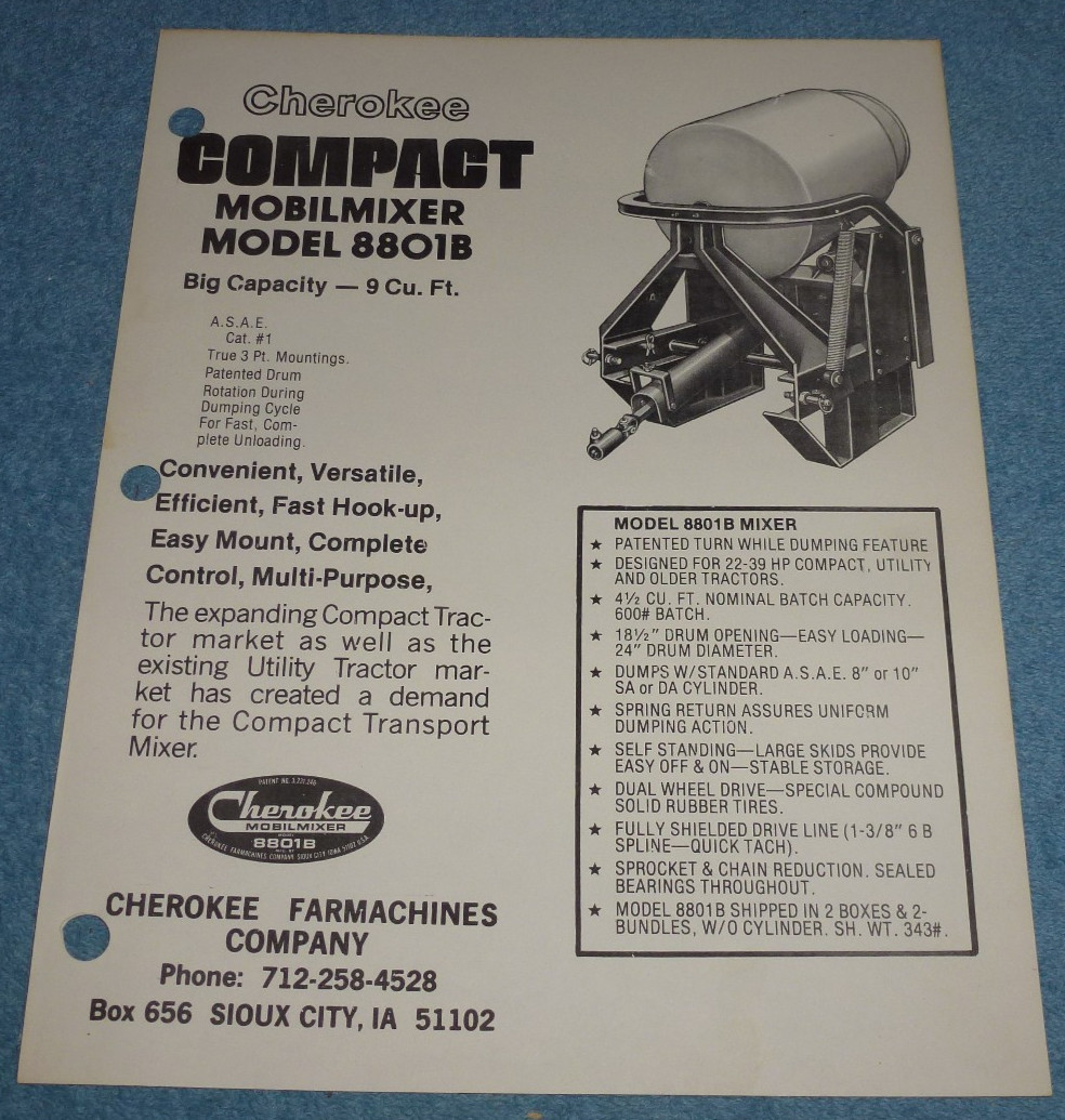 Vintage Cherokee Farmachines Co Compact Mobil Mixer Model 8801B Brochure Sheet