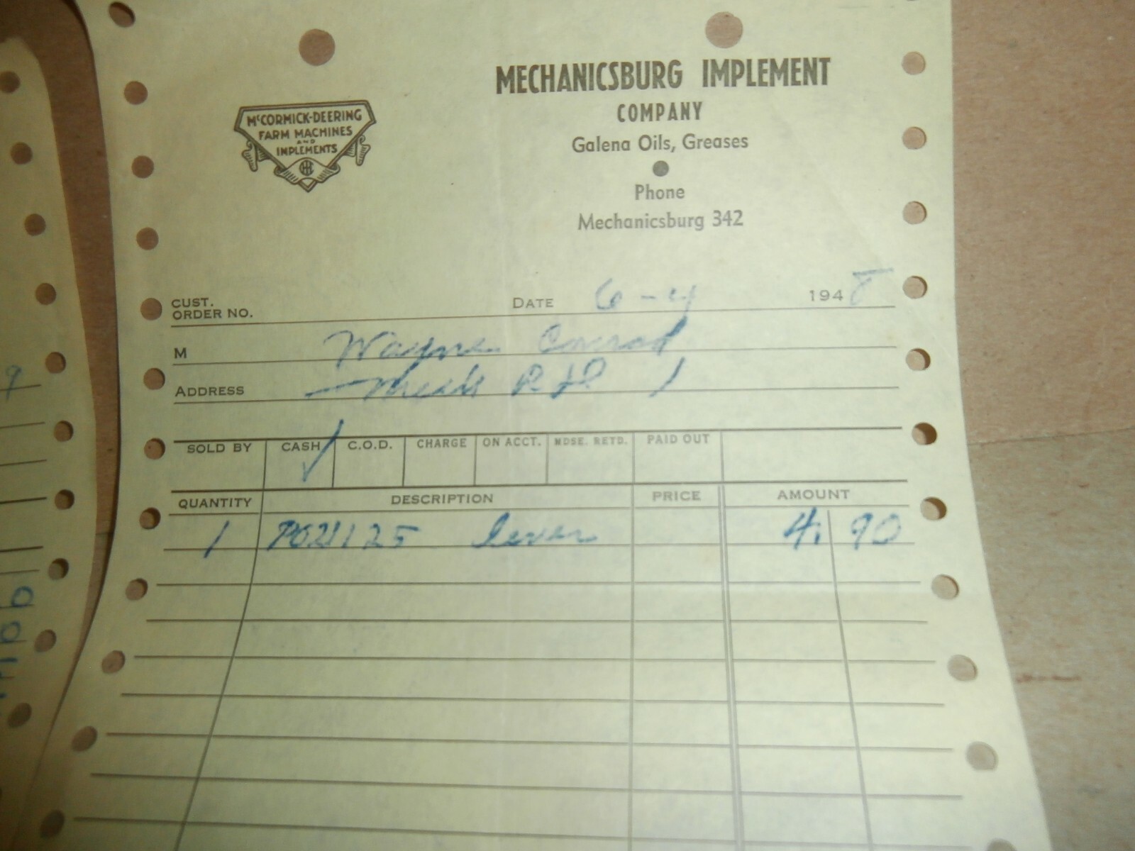 2 Vintage 1948 Mechanicsburg PA Implement Co Billhead Receipt McCormick Deering