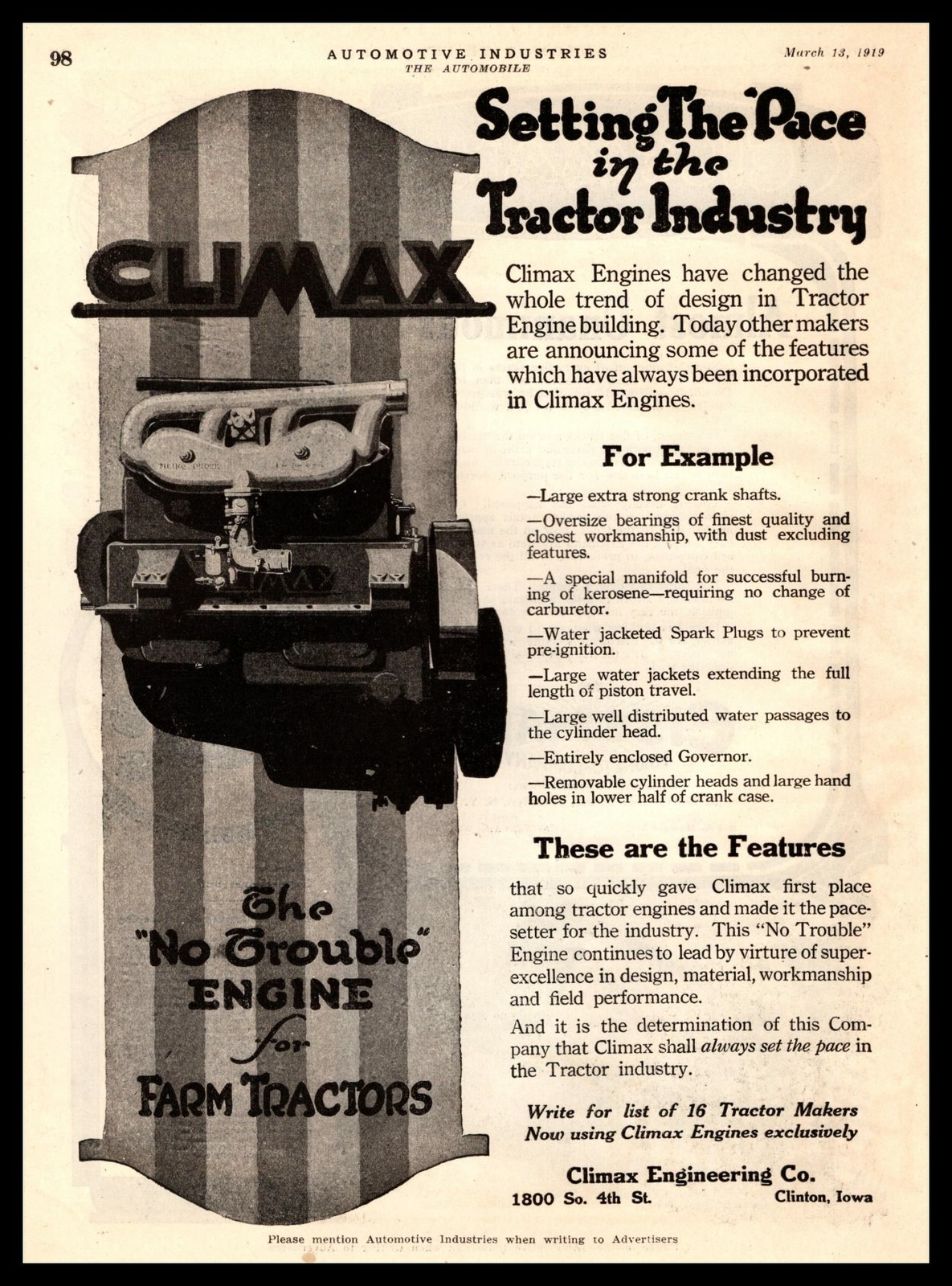 1919 Climax Engineering Co. Clinton Iowa Farm Tractor Engines Vintage Print Ad