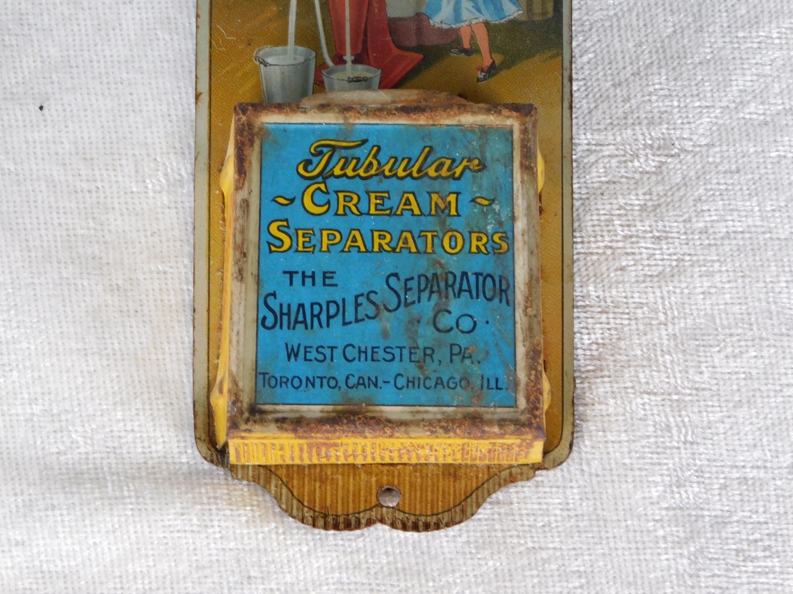 Antique Sharples Tubular Cream Separator Cow Litho Tin Sign Match Holder Safe